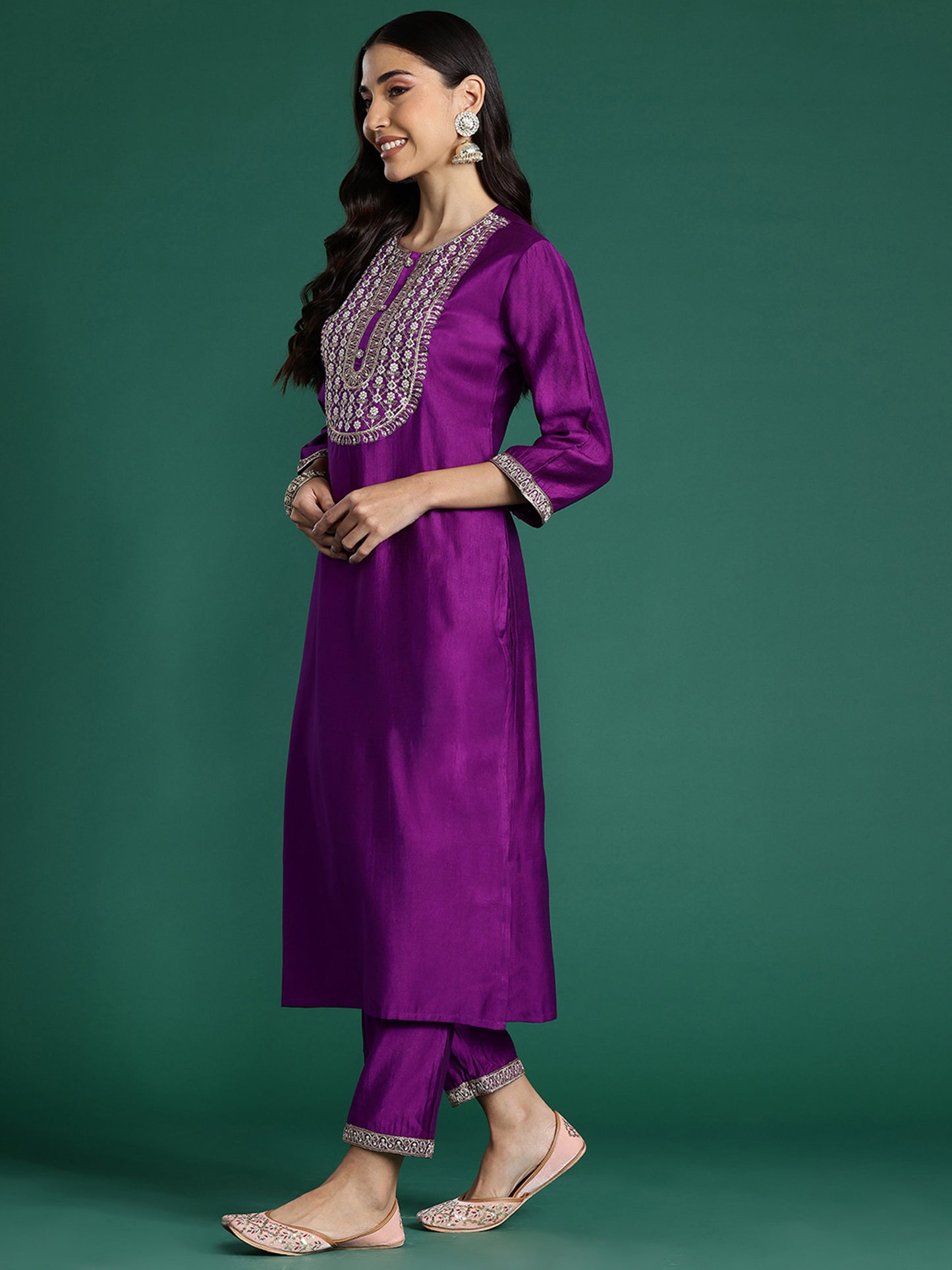 IE Purple Embroidered Straight Kurta Trousers With Dupatta set