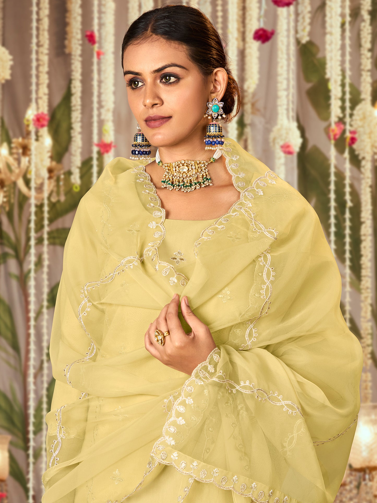 IE Yellow Straight Embroidered Kurta Trousers With Dupatta Set