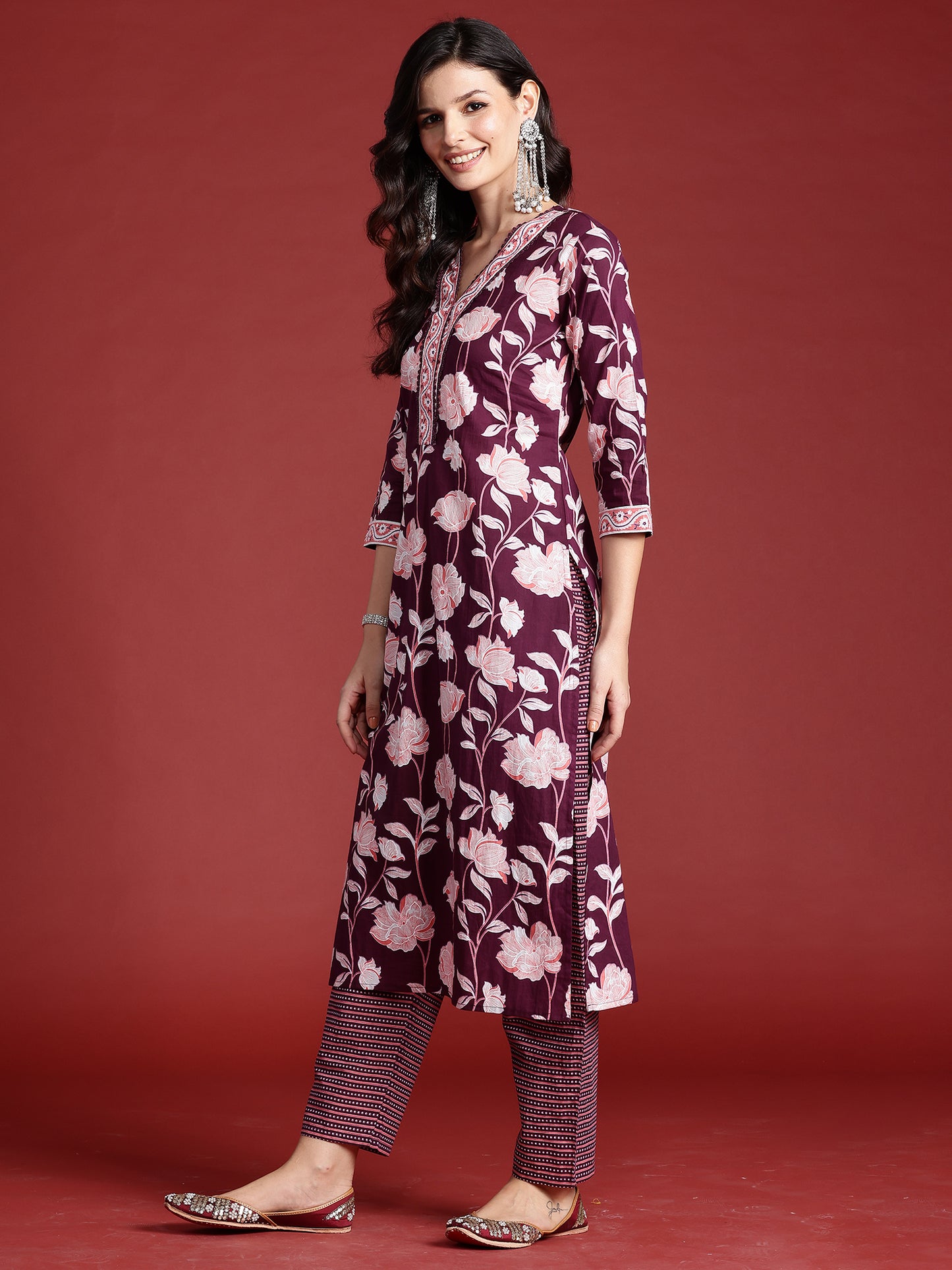 IE Burgundy Printed Straight Kurta Trousers With Dupatta set