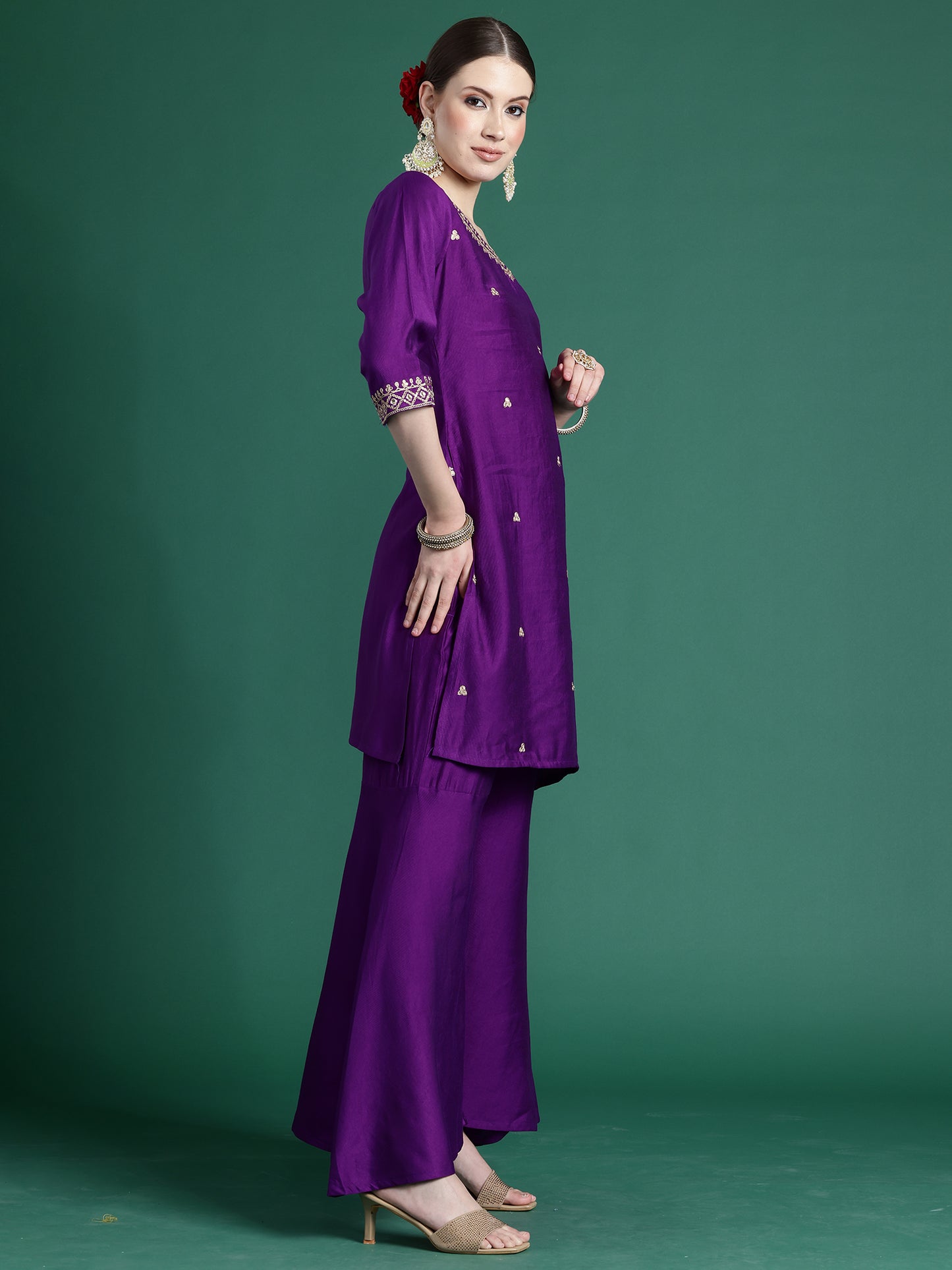 IE Purple Embroidered Straight Kurta Sharara With Dupatta set