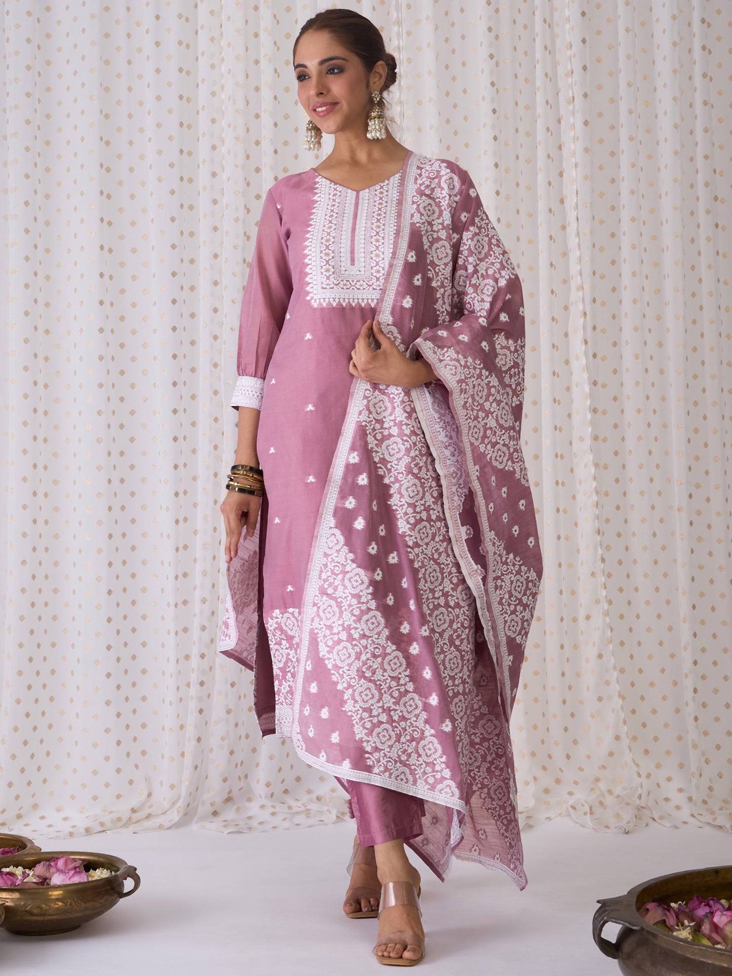 IE Mauve Woven Design Straight Kurta Trousers With Dupatta set