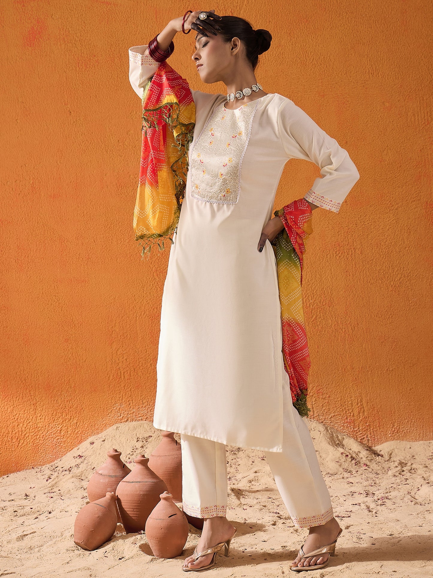 IE White Yoke Design Straight Kurta Trousers With Dupatta set