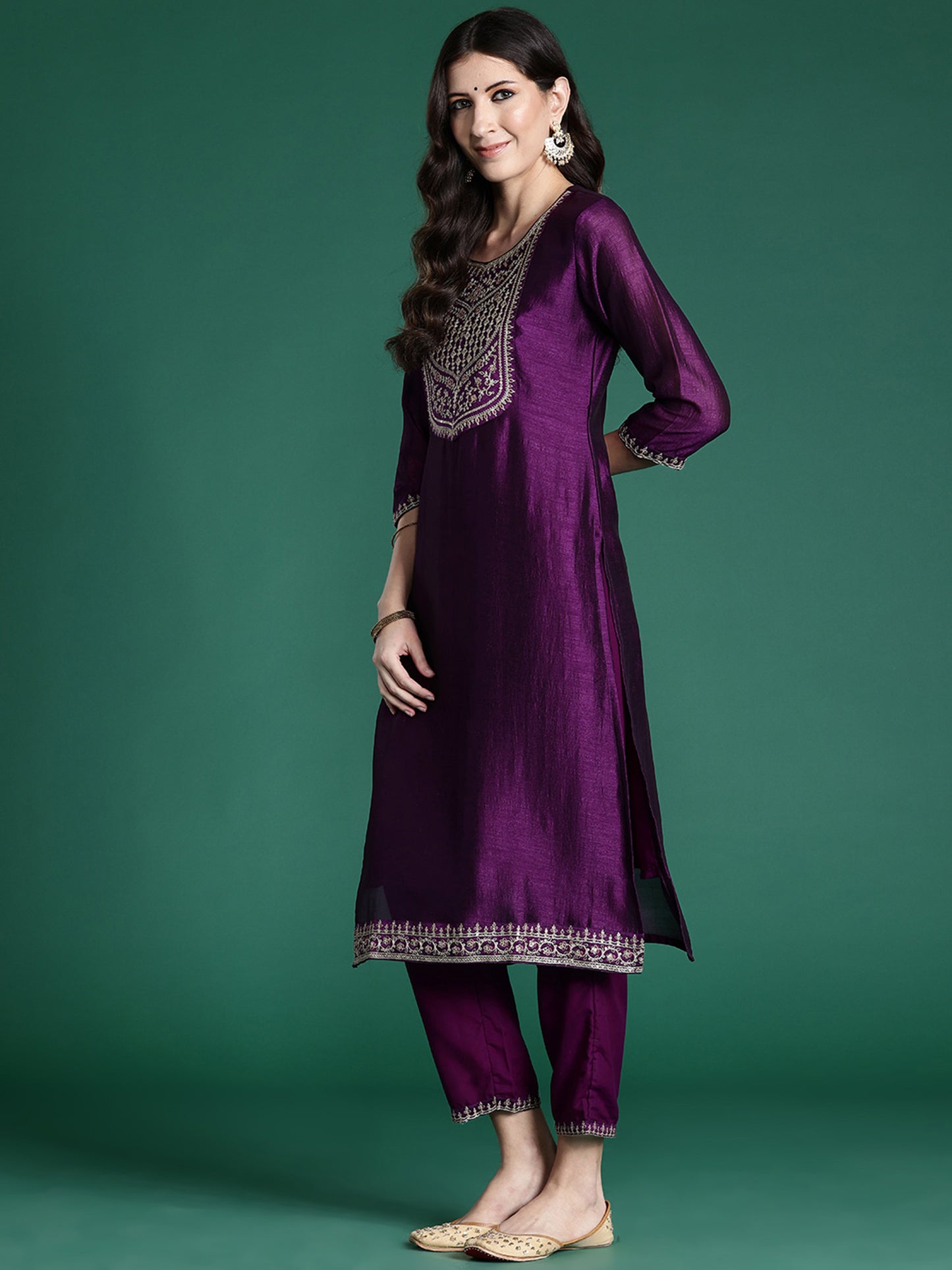 IE Purple Embroidered Straight Kurta Trousers With Dupatta set