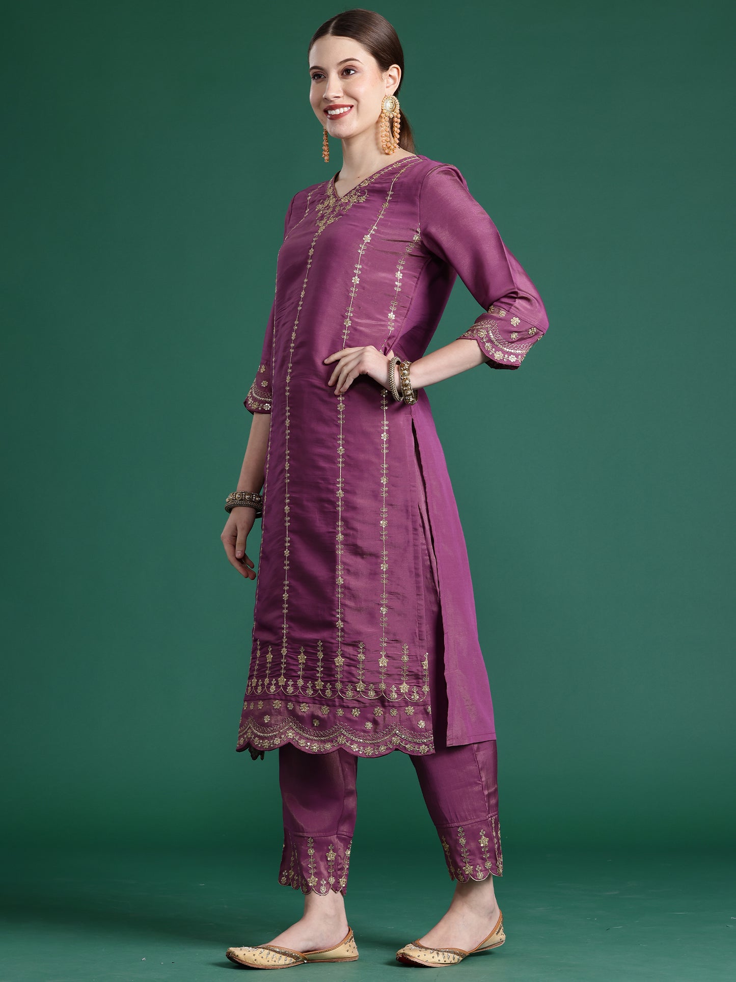 IE Burgandy Straight Embroidered Kurta Trousers With Dupatta Set