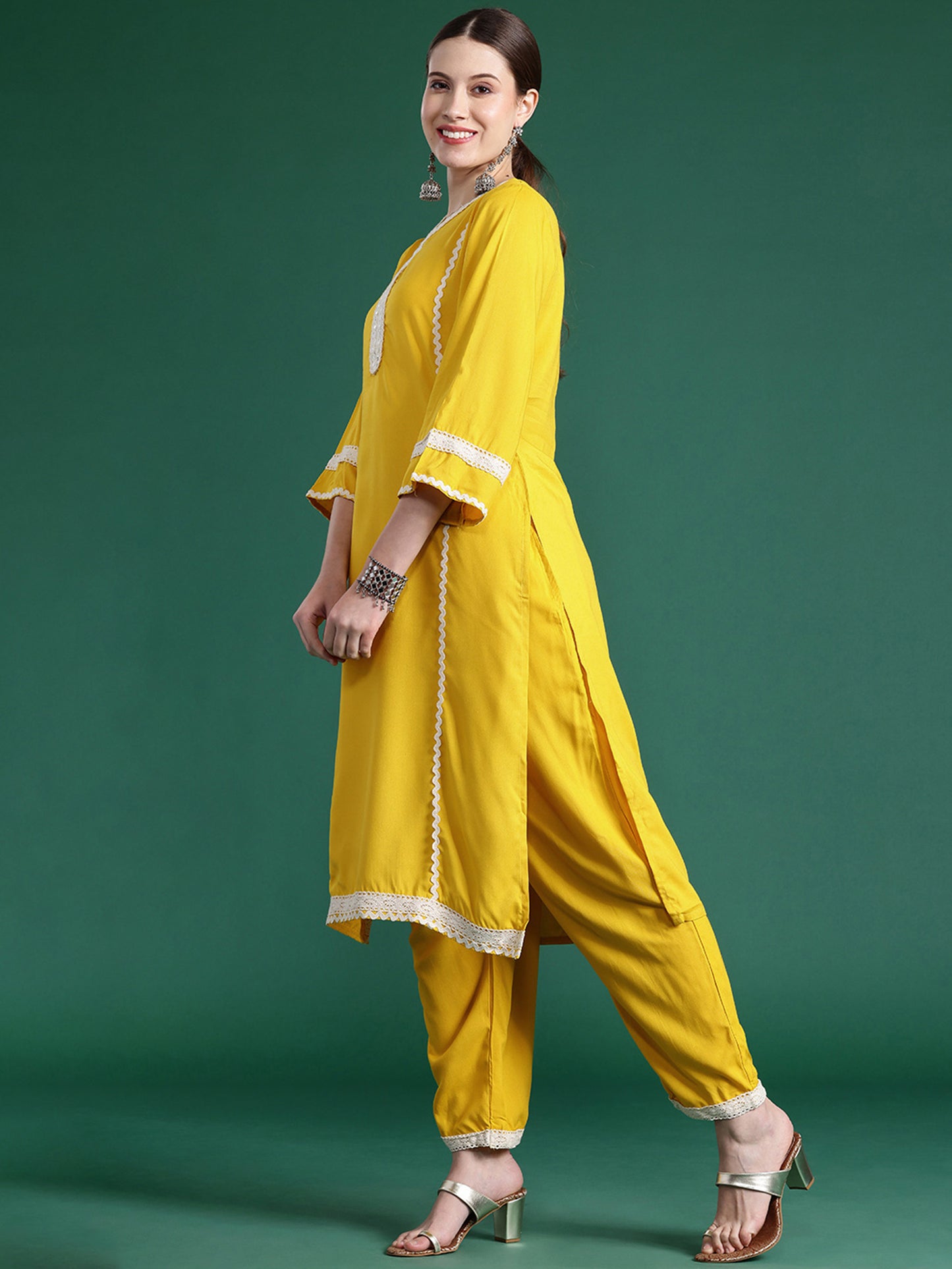 IE Yellow Embroidered Straight Kurta Trousers With Dupatta set