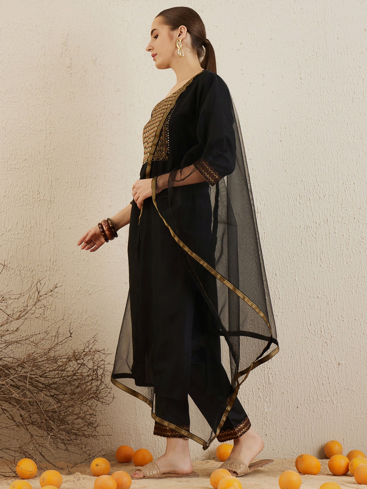 IE Black Yoke Design Straight Kurta Trousers With Dupatta set