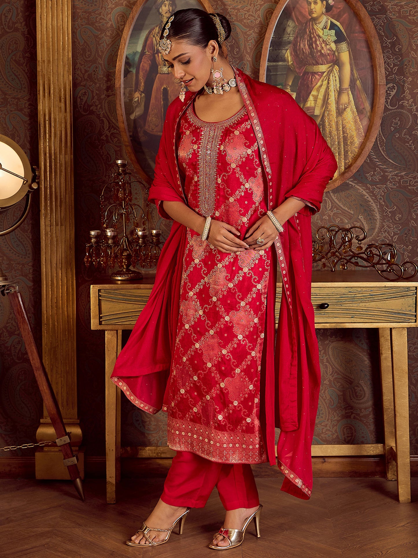 IE Magenta Embroidered Straight Kurta Trousers With Dupatta set