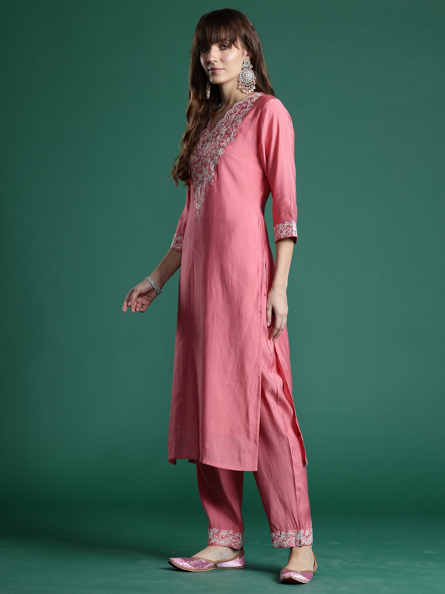 IE Pink Embroidered Straight Kurta Trousers With Dupatta Set