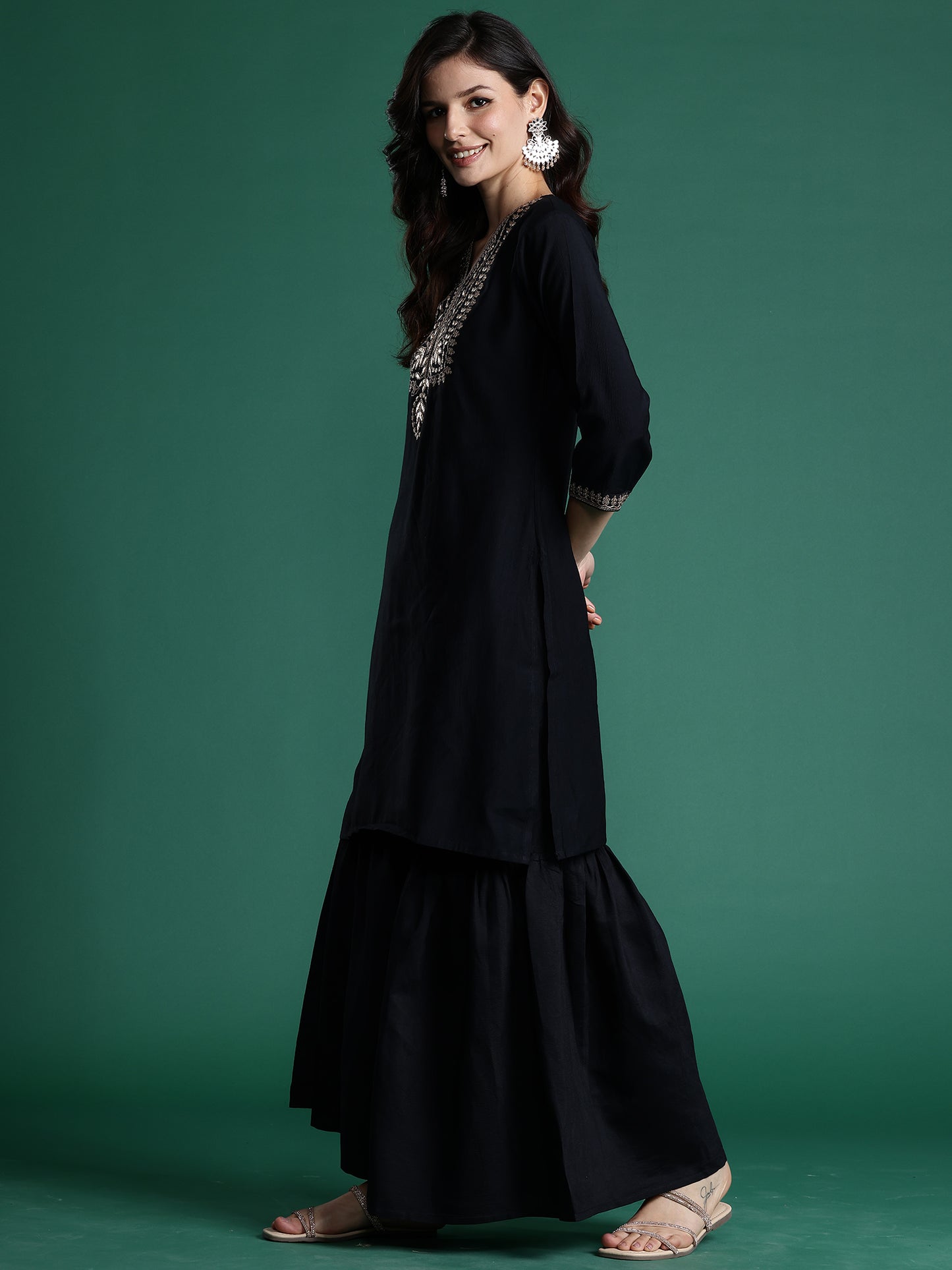 IE Black Embroidered Straight Kurta Sharara With Dupatta  Set