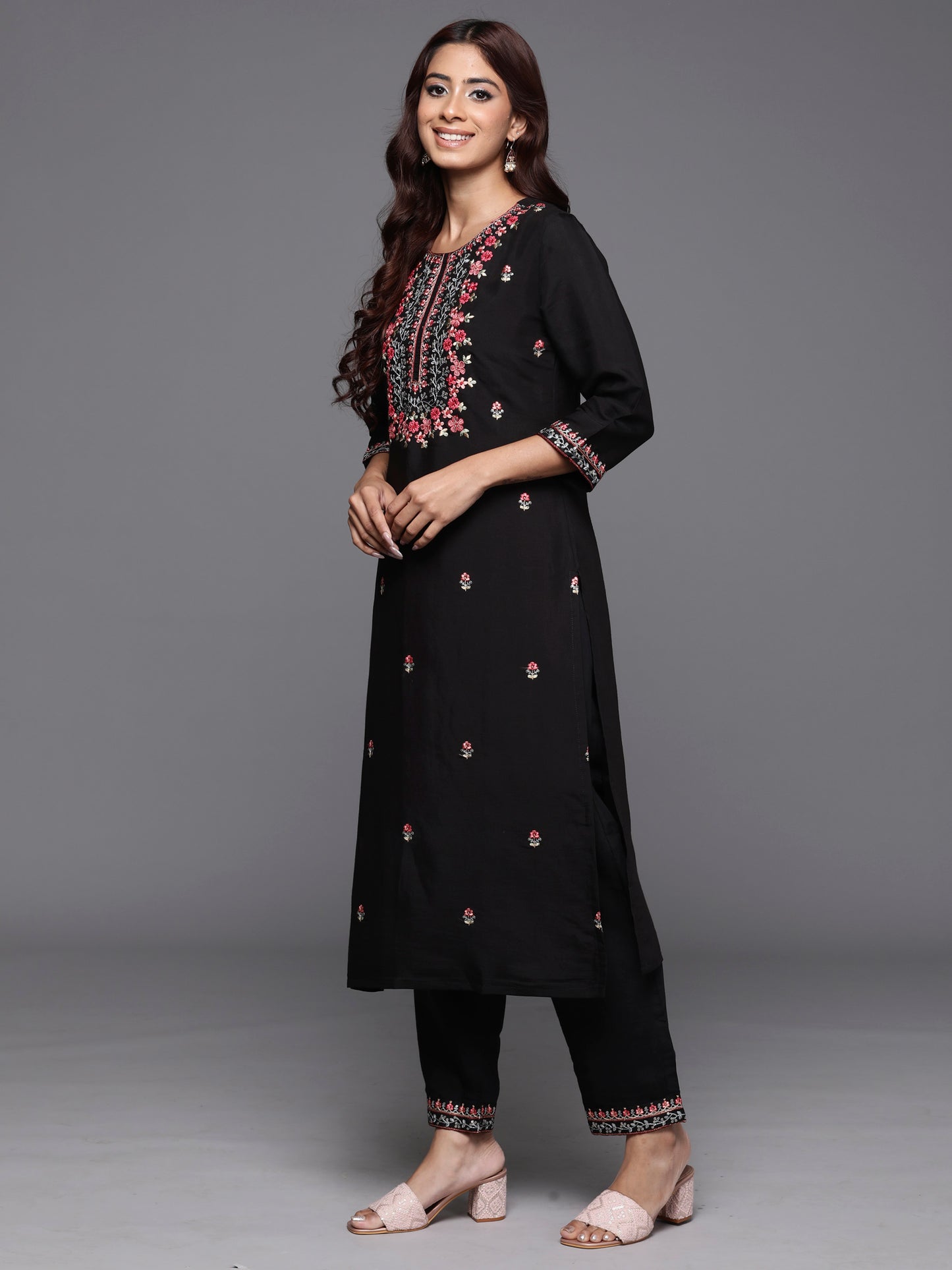 IE Black Embroidered Straight Kurta Trousers With Dupatta Set