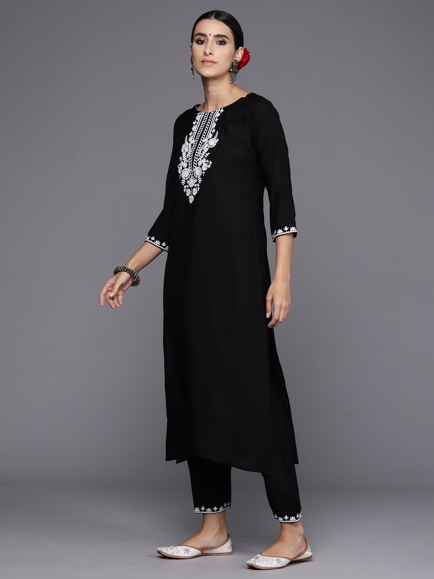 IE Black Embroidered Straight Kurta Trousers With Dupatta Set