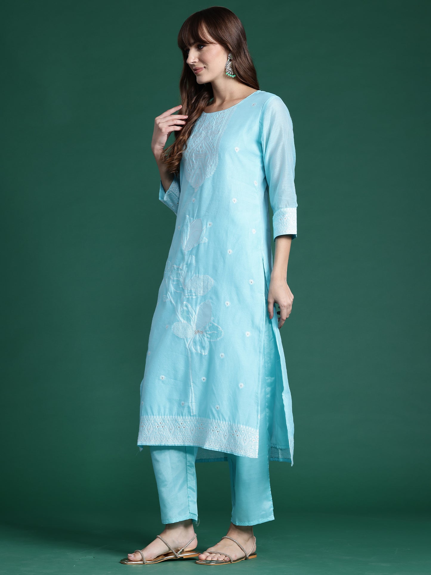 IE Blue Woven Design Straight Kurta Trousers set