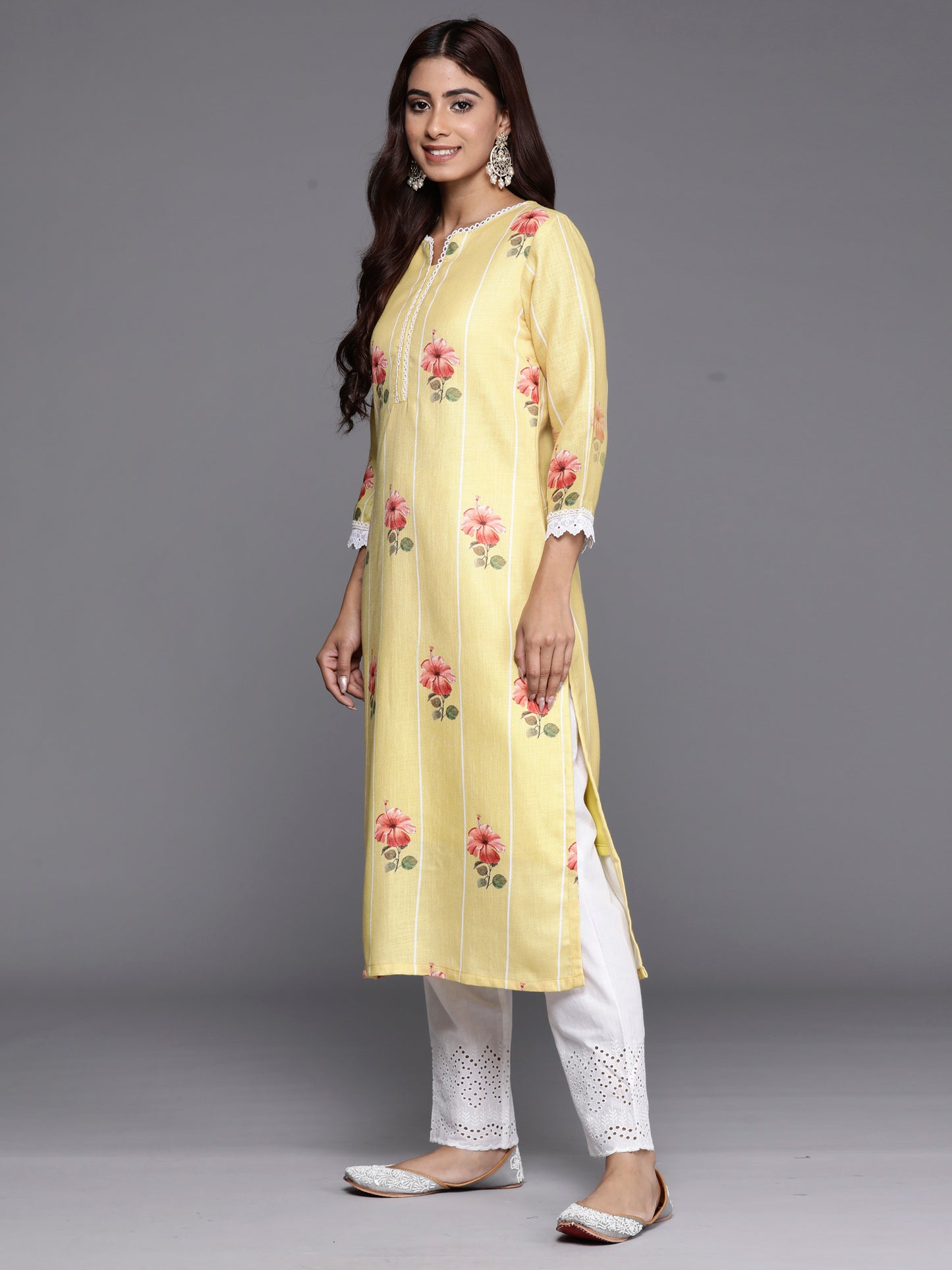 IE Yellow Printed Straight Kurta Trousers With Dupatta set