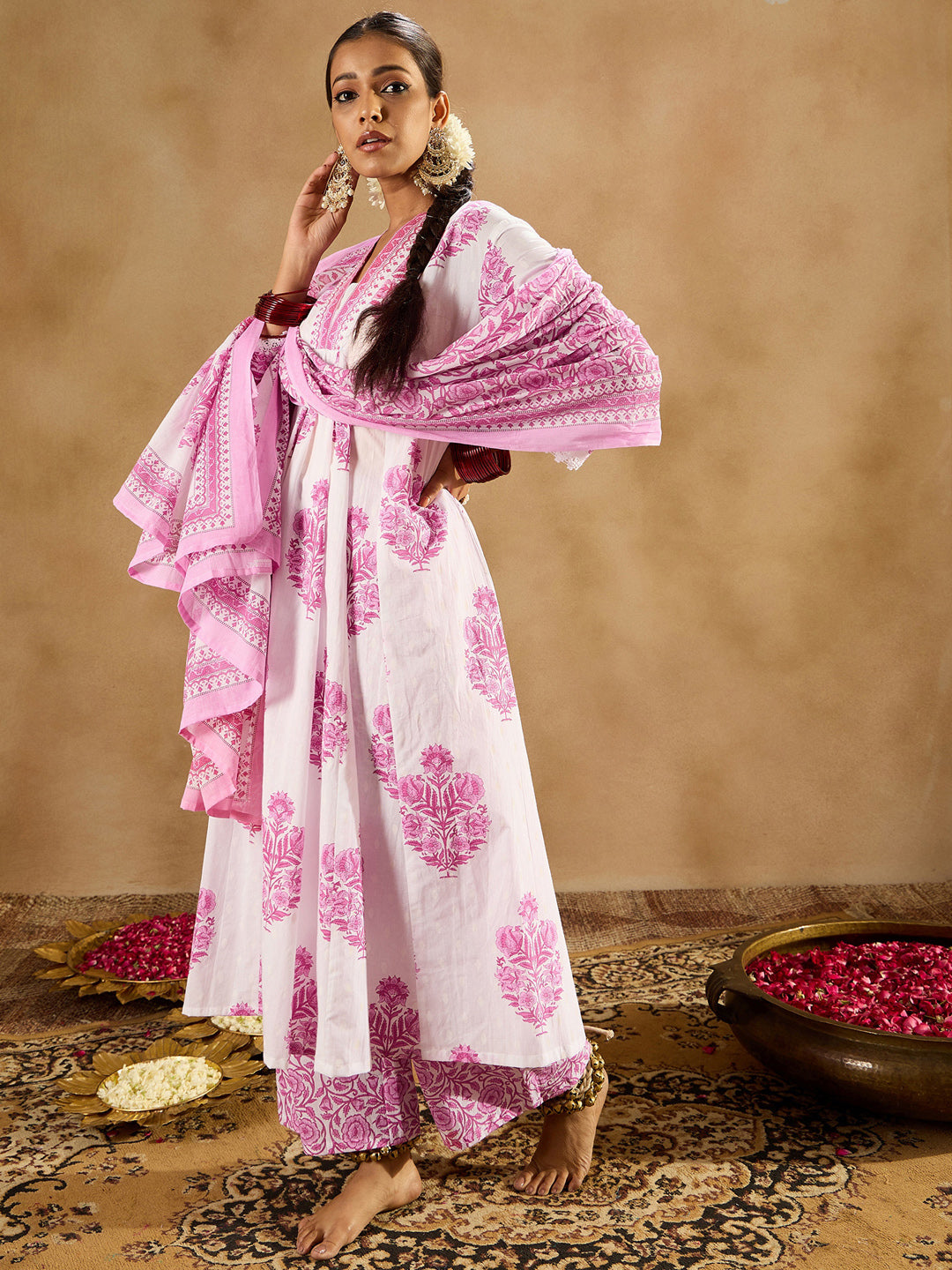 IE White Printed A-Line Kurta Palazzos With Dupatta set