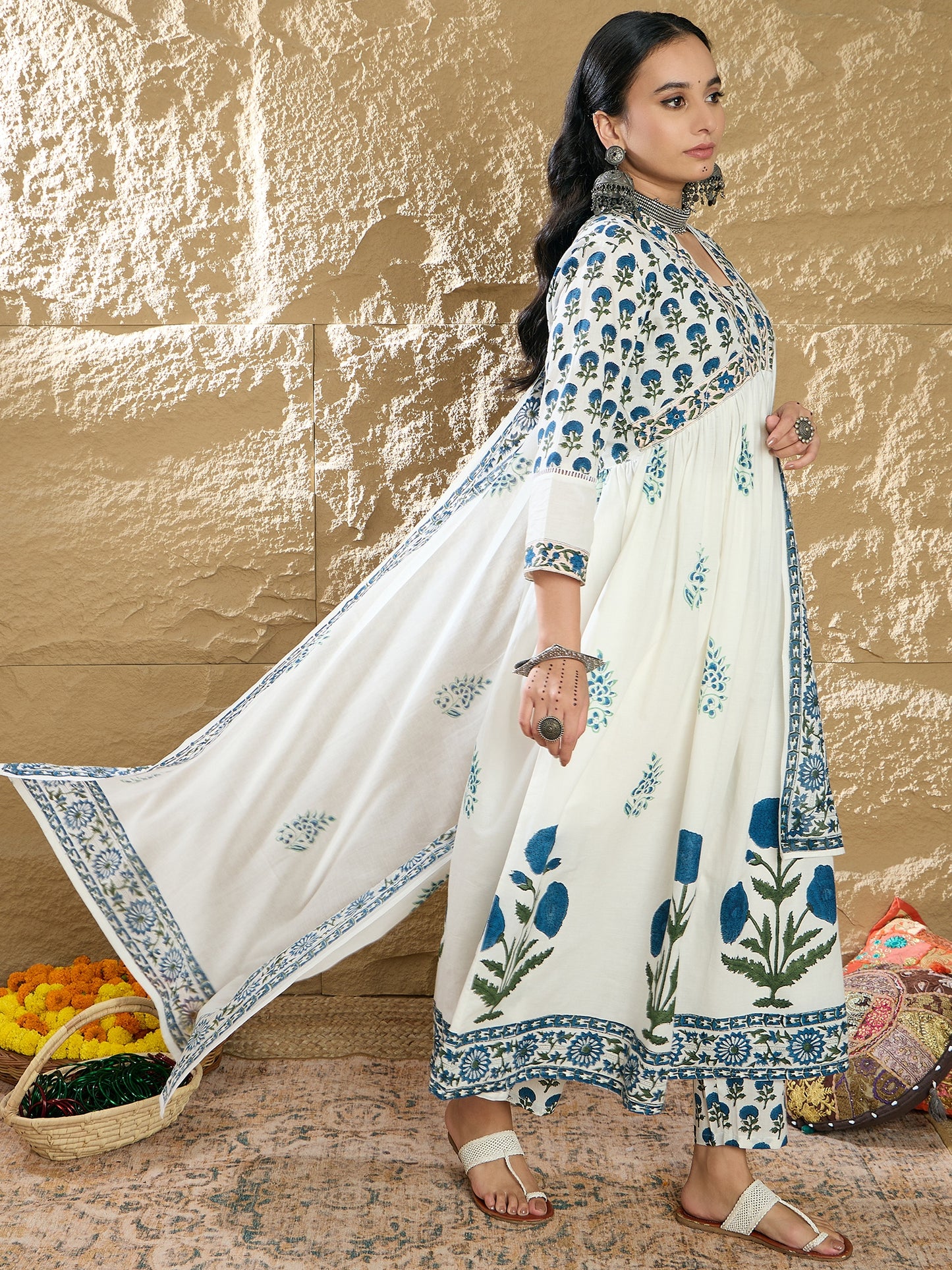 IE White Printed A-Line Kurta Trousers With Dupatta Set