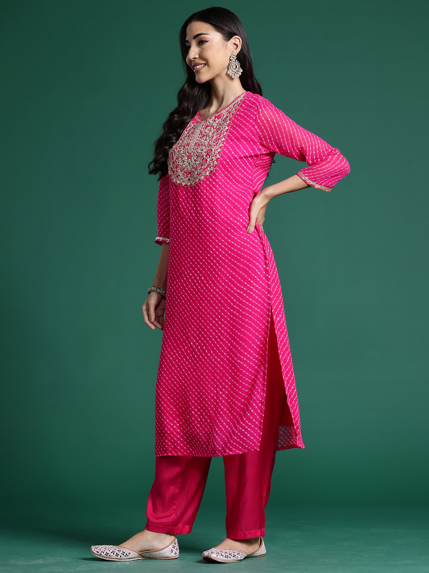 IE Pink Printed Straight Kurta Trousers With Dupatta set