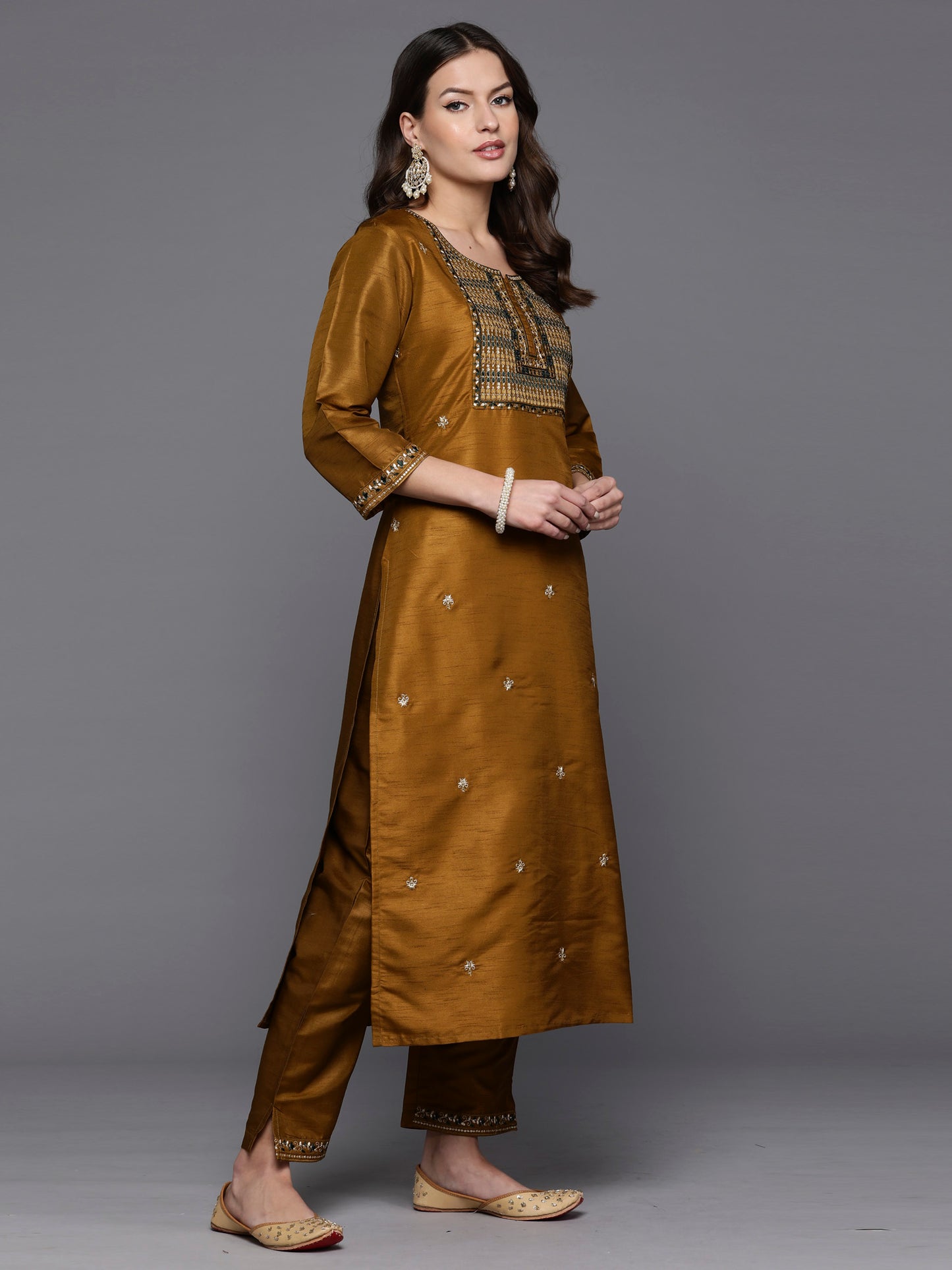 IE Mustard Embroidered Straight Kurta Trousers With Dupatta Set