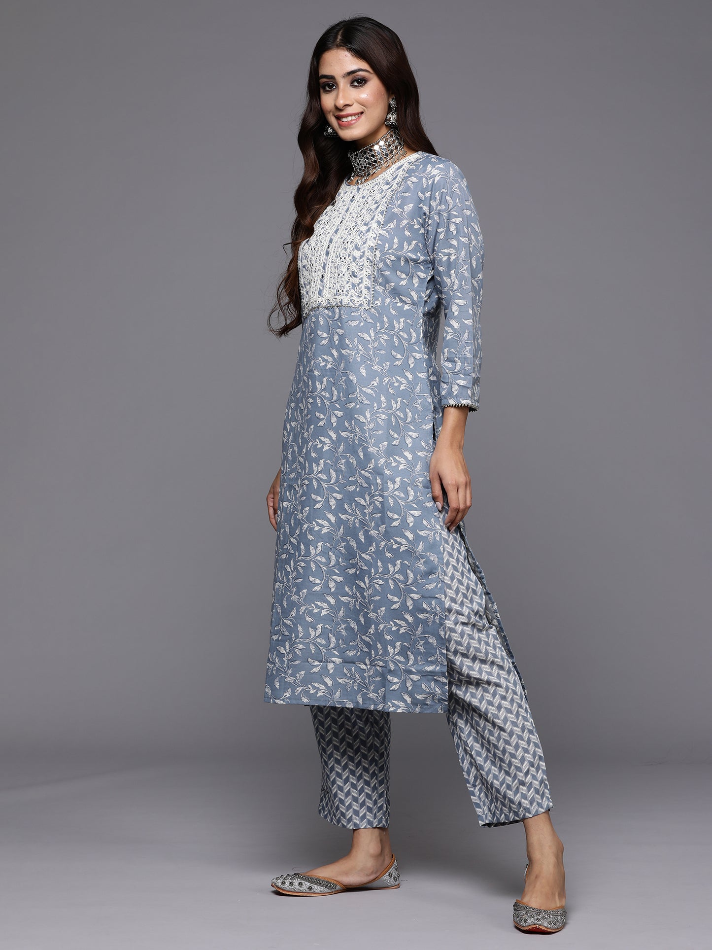 IE Grey Embroidered Straight Kurta Trousers With Dupatta Set