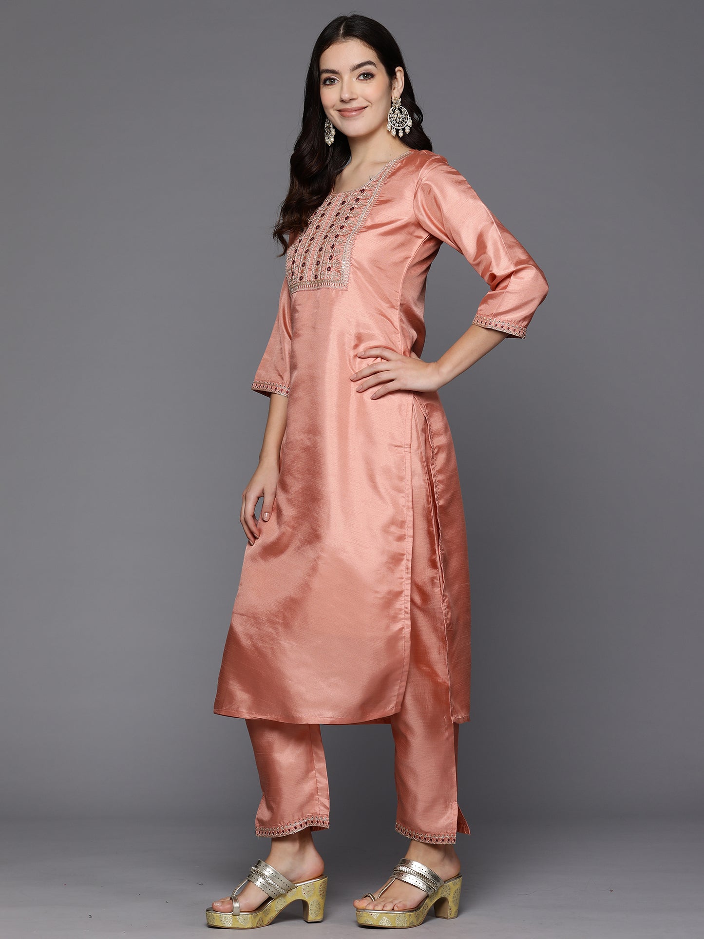 IE Peach Embroidered Straight Kurta Trousers With Dupatta Set