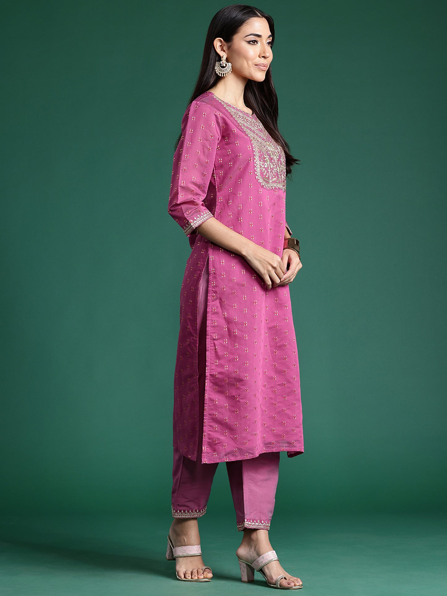 IE Mauve Embroidered Straight Kurta Trousers With Dupatta Set