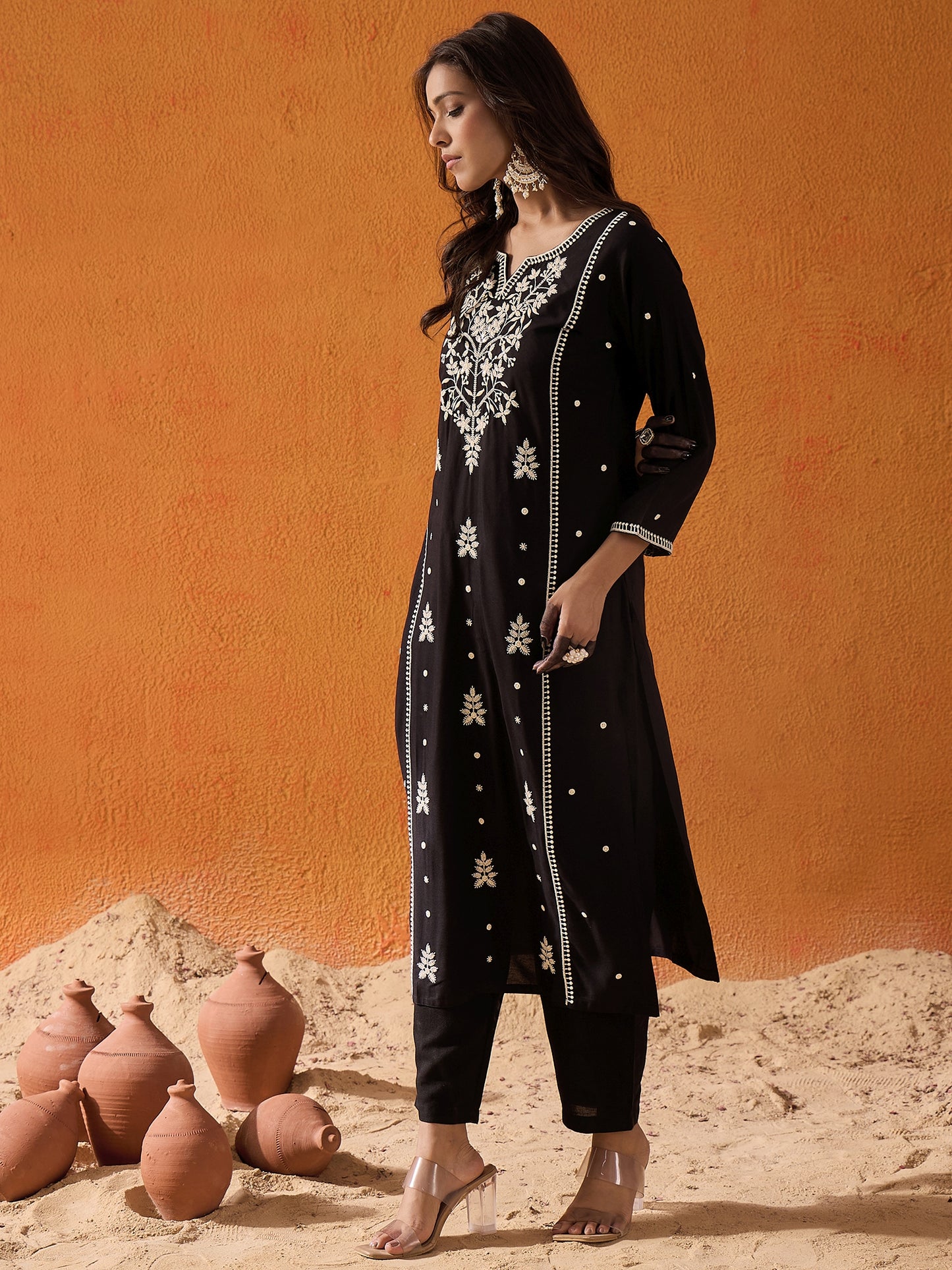 IE Black Embroidered Straight Kurtas