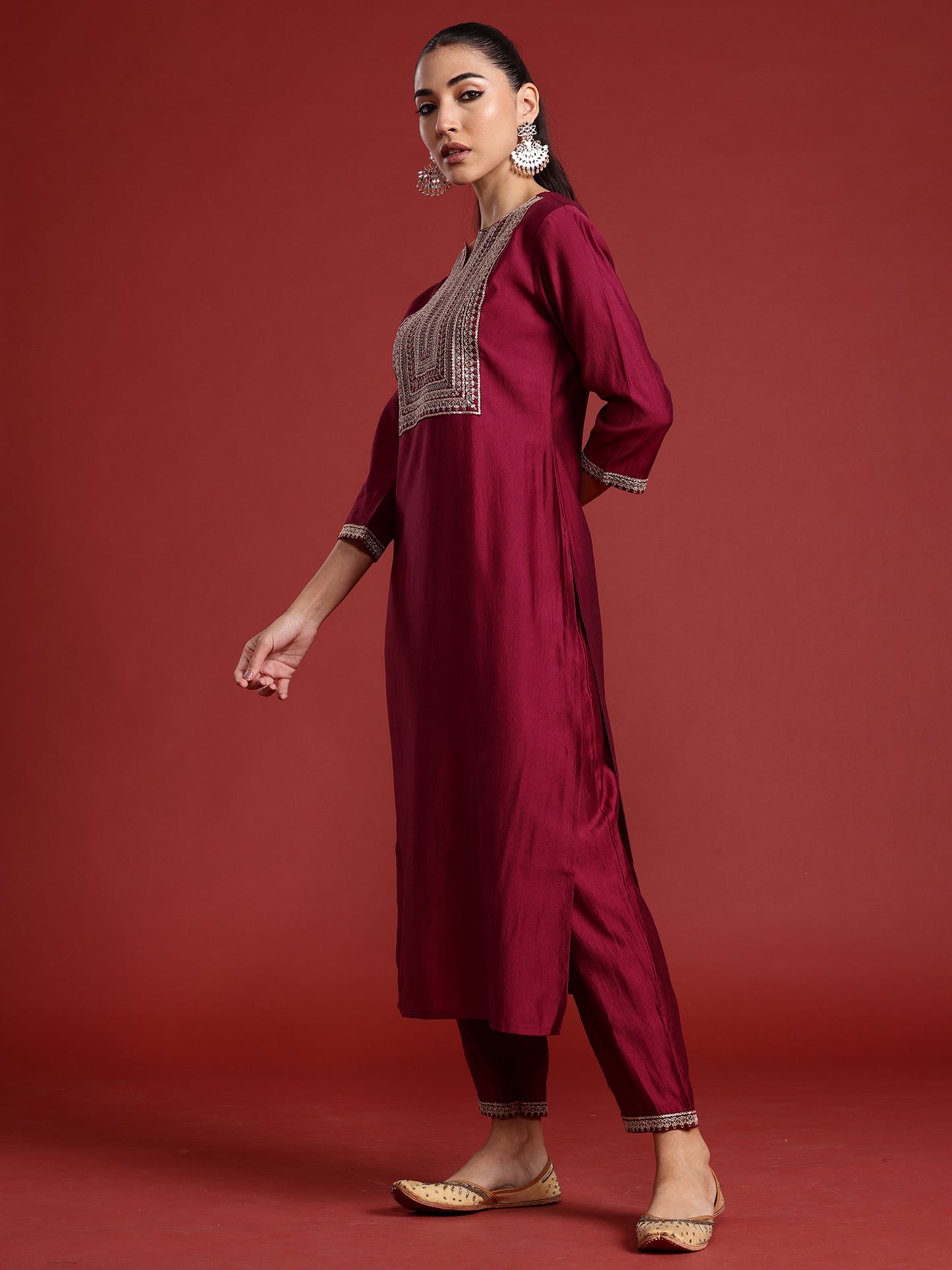 IE Burgundy Embroidered Straight Kurta Trousers With Dupatta Set