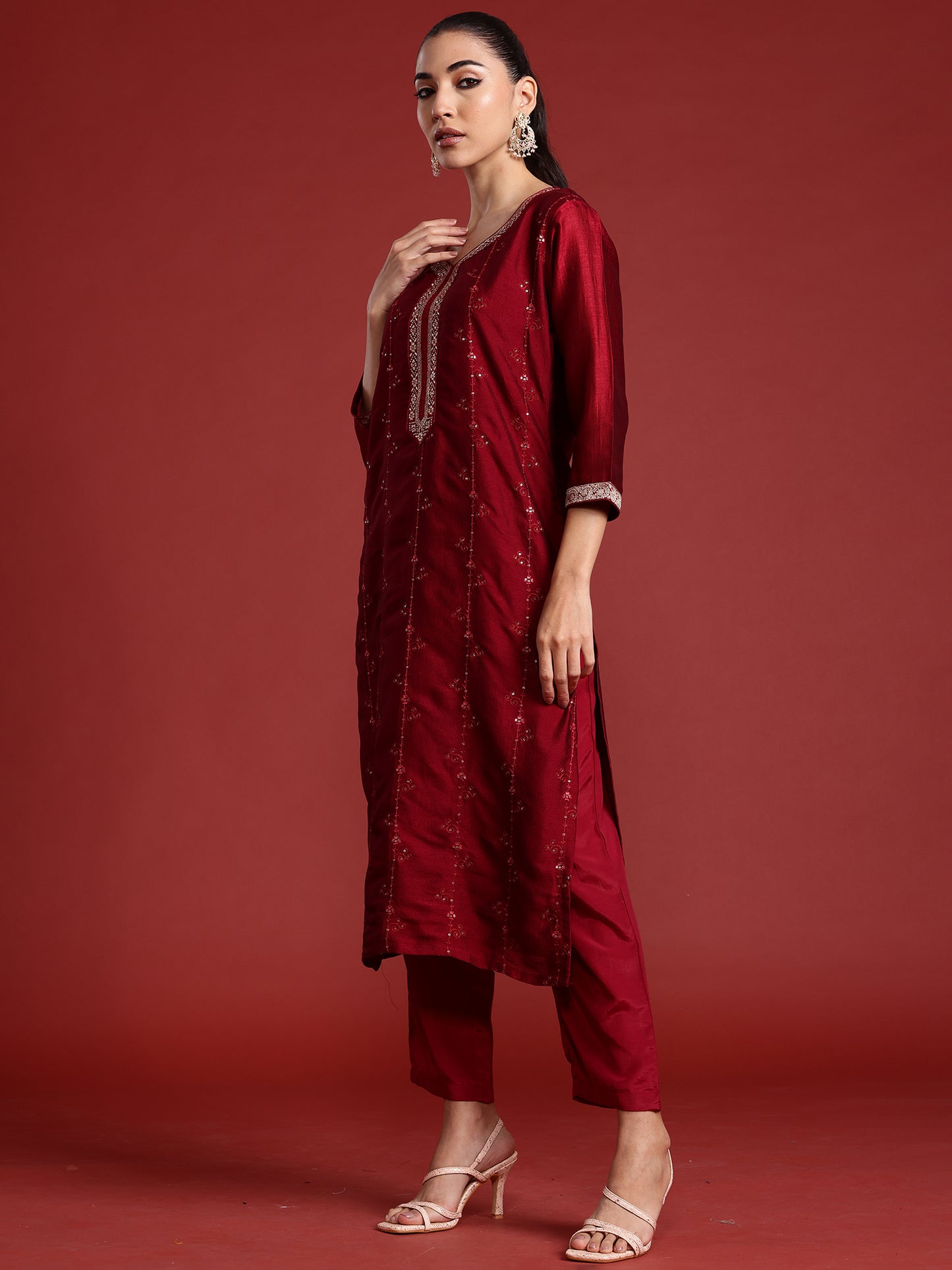 IE Maroon Embroidered Straight Kurta Trousers With Dupatta set