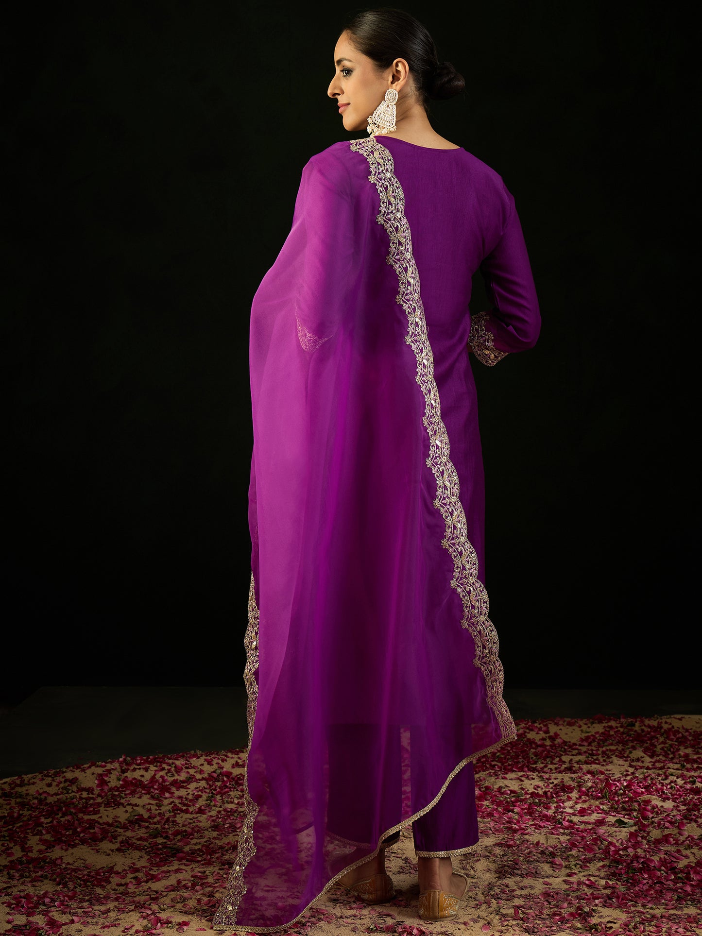 IE Purple Embroidered Straight Kurta Trousers With Dupatta set