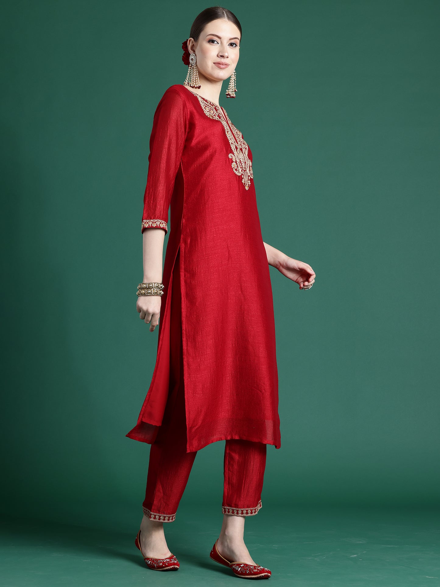 IE Red Embroidered Straight Kurta Palazzos With Dupatta set