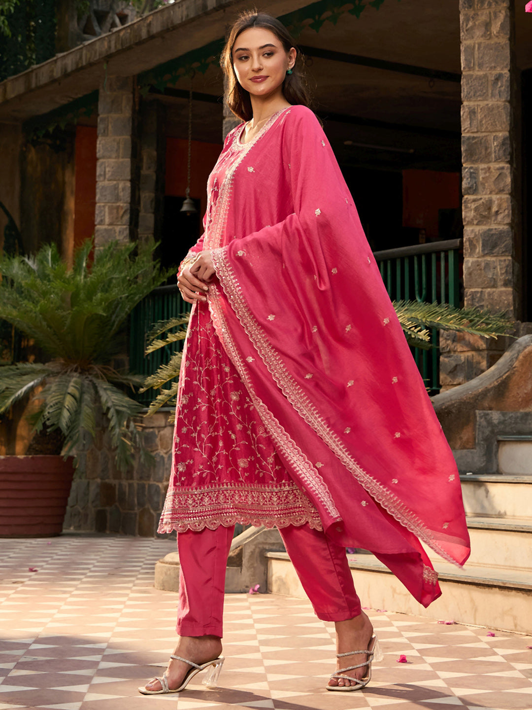 IE Pink Embroidered Straight Kurta Trousers set