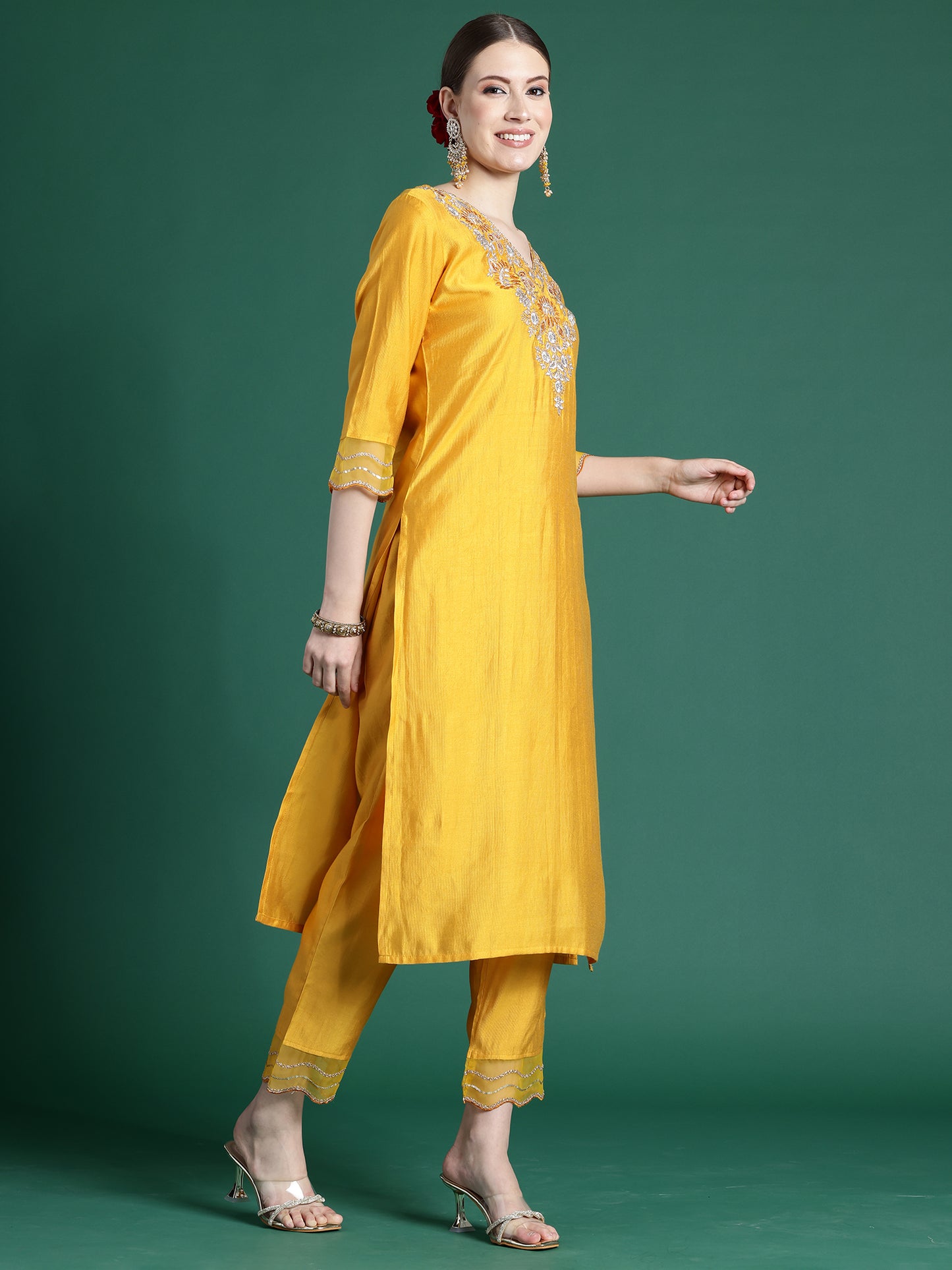 IE Yellow Embroidered Straight Kurta Trousers With Dupatta set