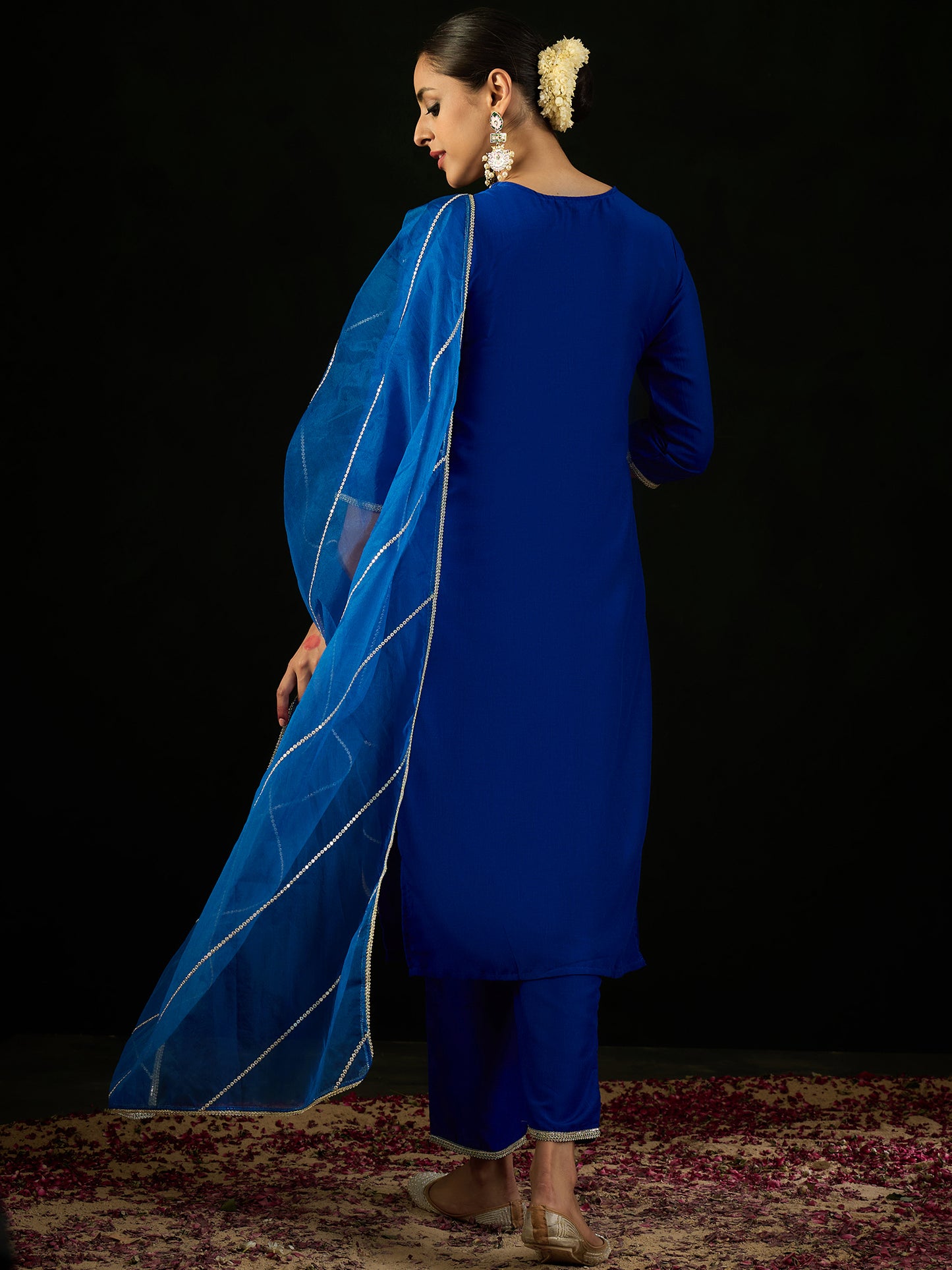 IE Blue Embroidered Straight Kurta Trousers With Dupatta set