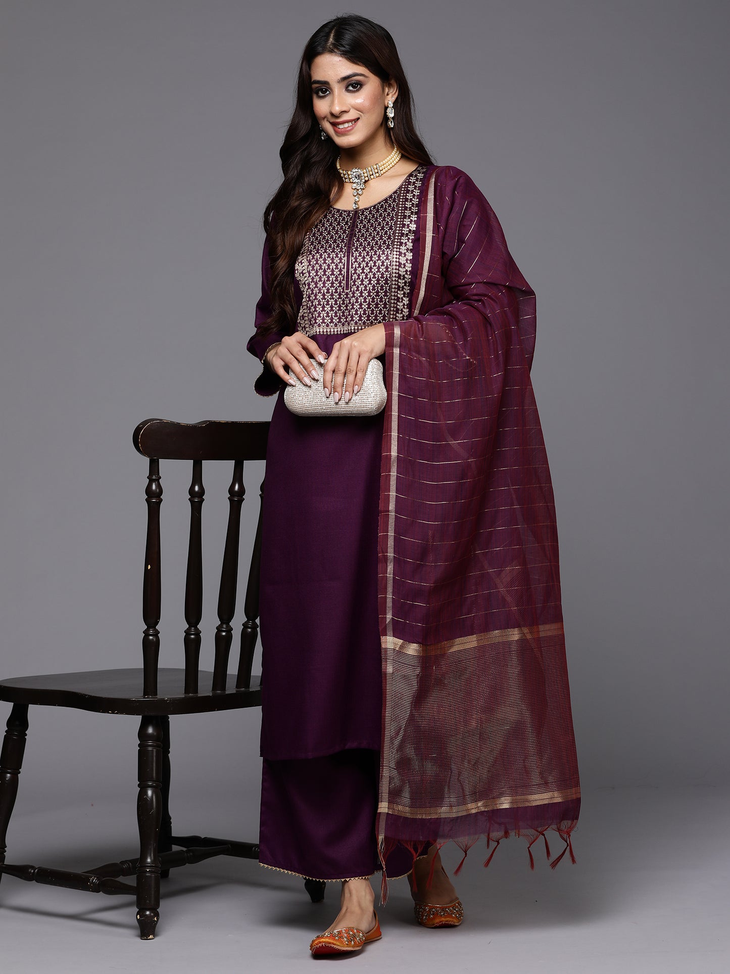 IE Purple Yoke Design Straight Kurta Palazzos With Dupatta Set