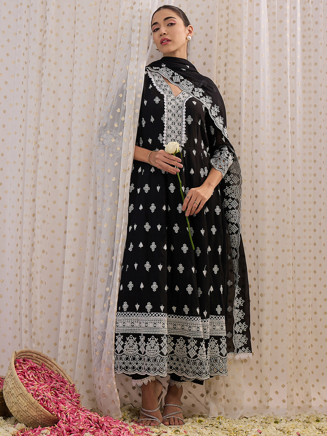 IE Black Embroidered Straight Kurta Trousers With Dupatta set