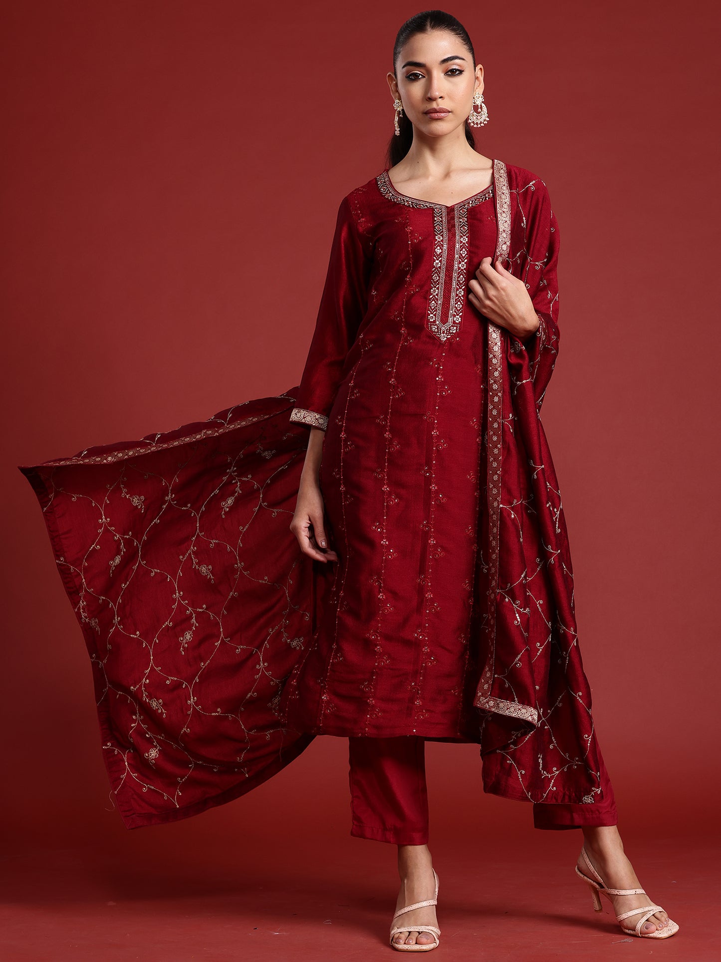 IE Maroon Embroidered Straight Kurta Trousers With Dupatta set