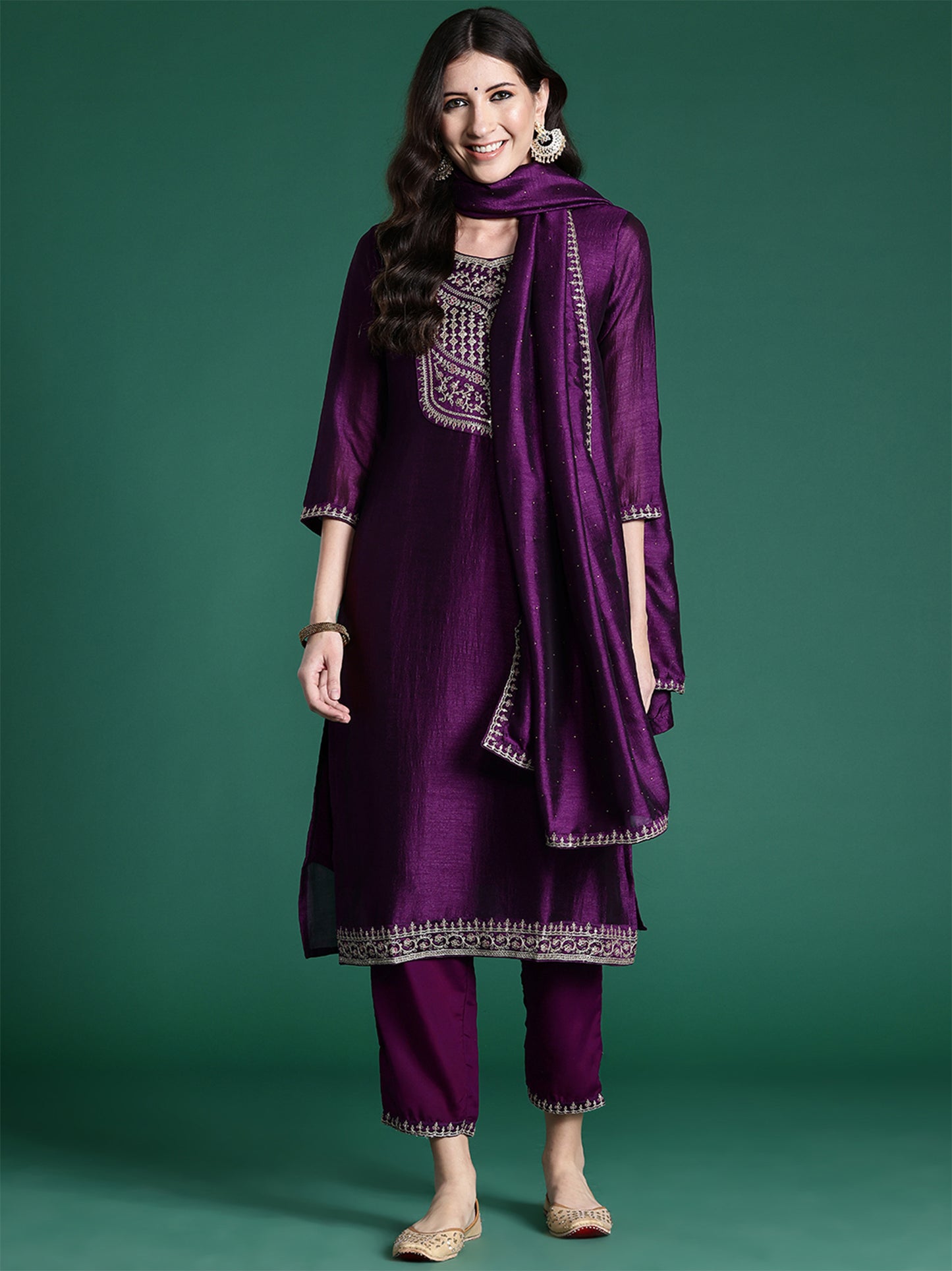 IE Purple Embroidered Straight Kurta Trousers With Dupatta set