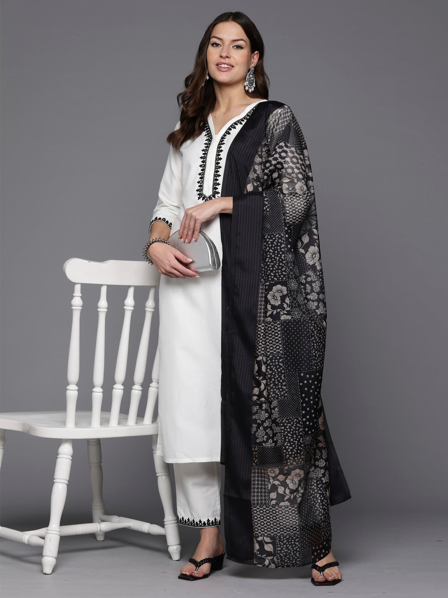 IE White Embroidered Straight Kurta Trousers With Dupatta Set