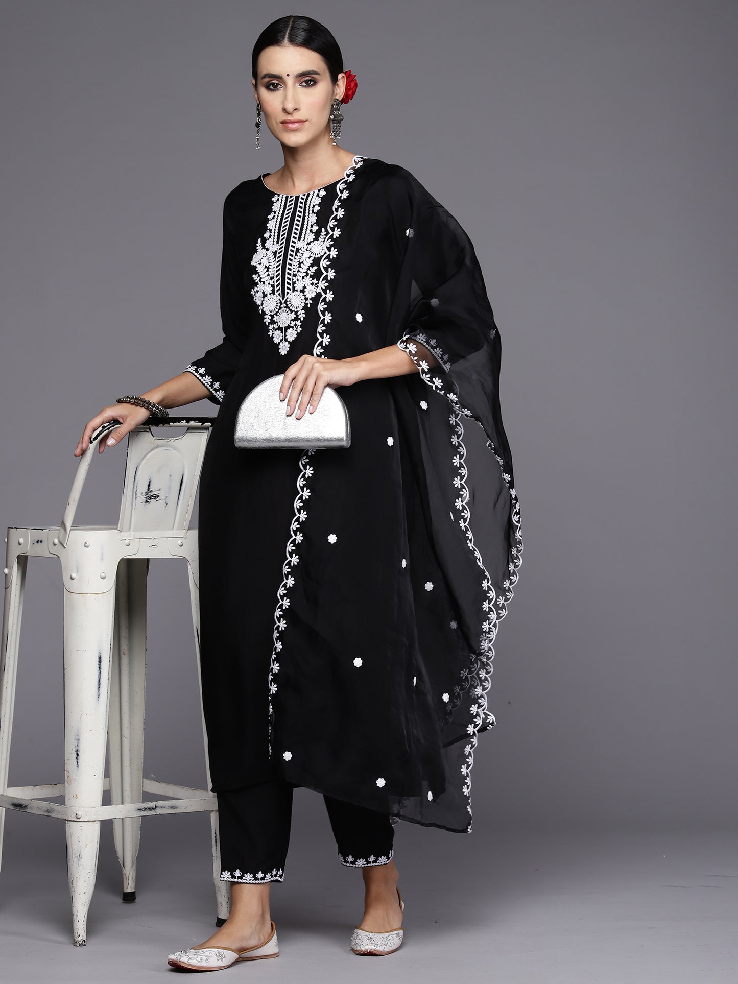 IE Black Embroidered Straight Kurta Trousers With Dupatta Set