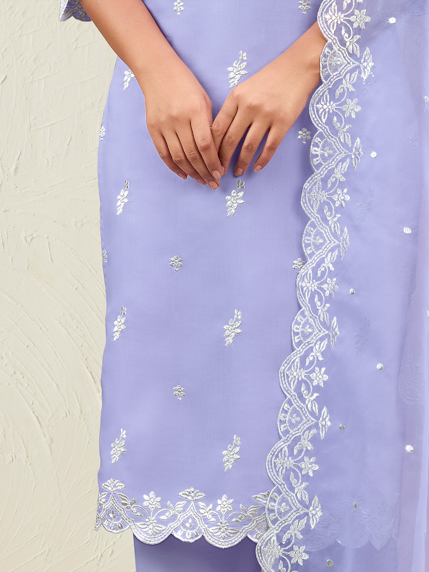 IE Lavender Straight Embroidered Kurta Trousers With Dupatta Set