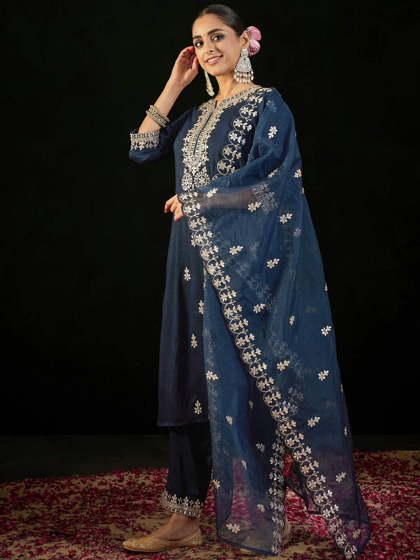 IE Navy Blue Embroidered Straight Kurta Trousers With Dupatta set