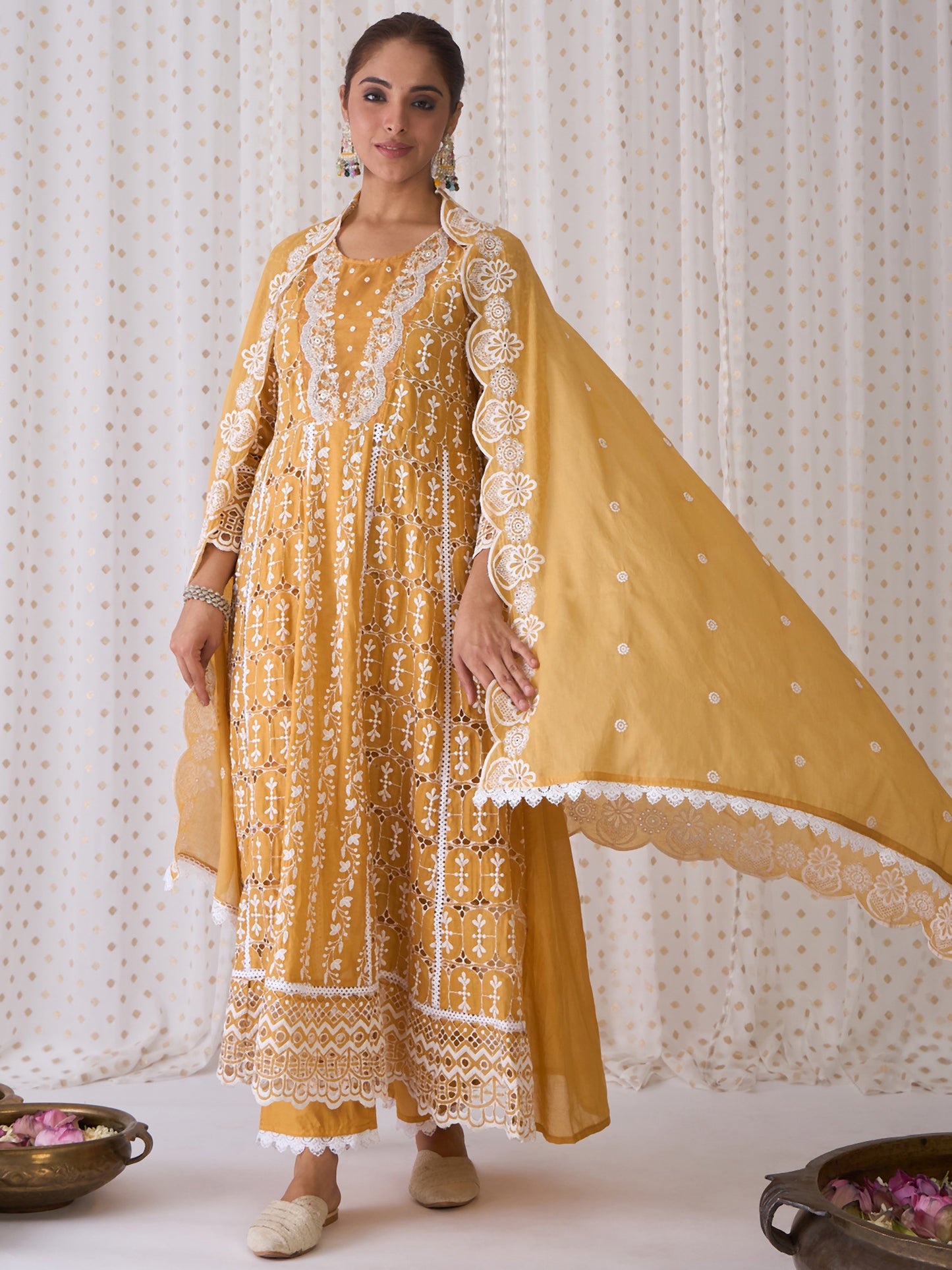 IE Yellow Embroidered A-Line Kurta Trousers With Dupatta set