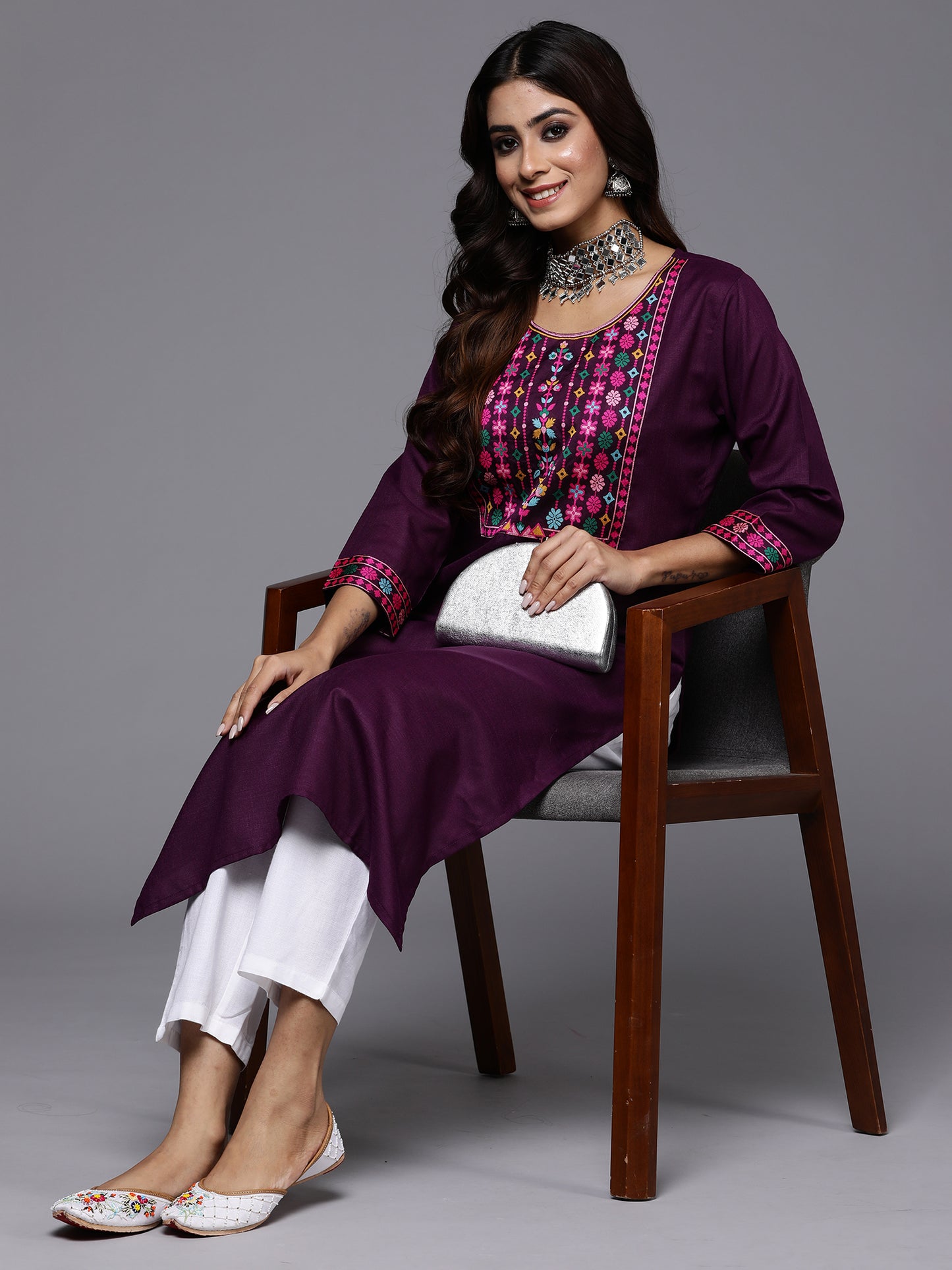 IE Purple Yoke Design Straight Casual Kurtas