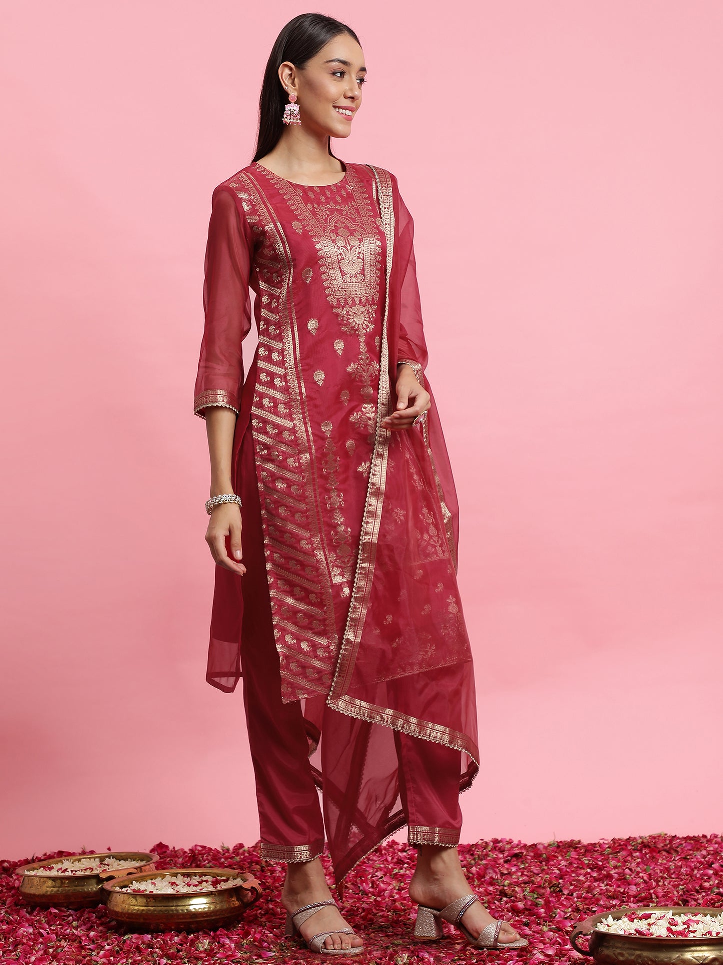 IE Pink Woven Design Straight Kurta Trousers With Dupatta Set