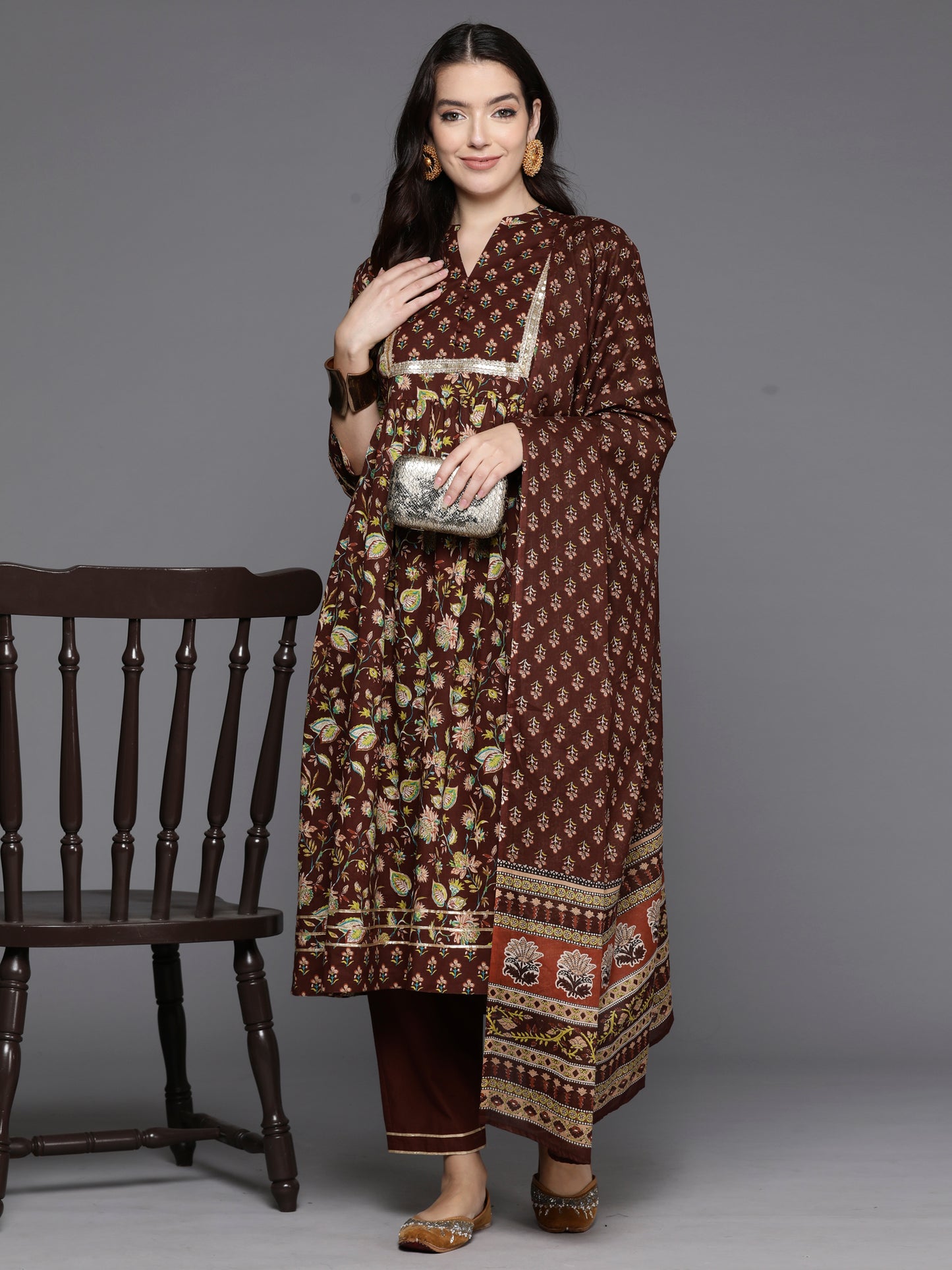 IE Brown Printed A-Line Kurta Trousers With Dupatta Set