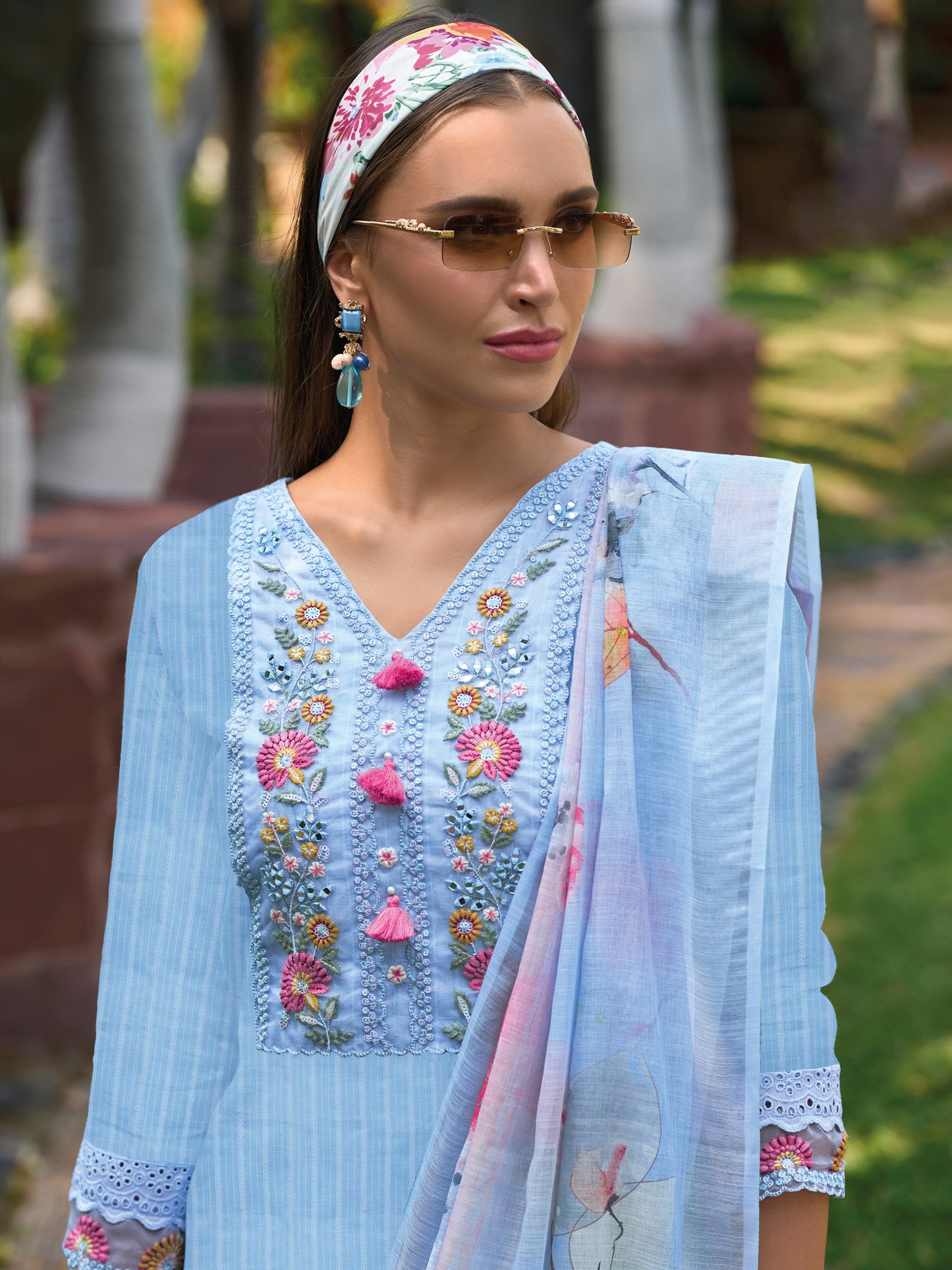 IE Blue Embroidered Straight Kurta Trousers With Dupatta set