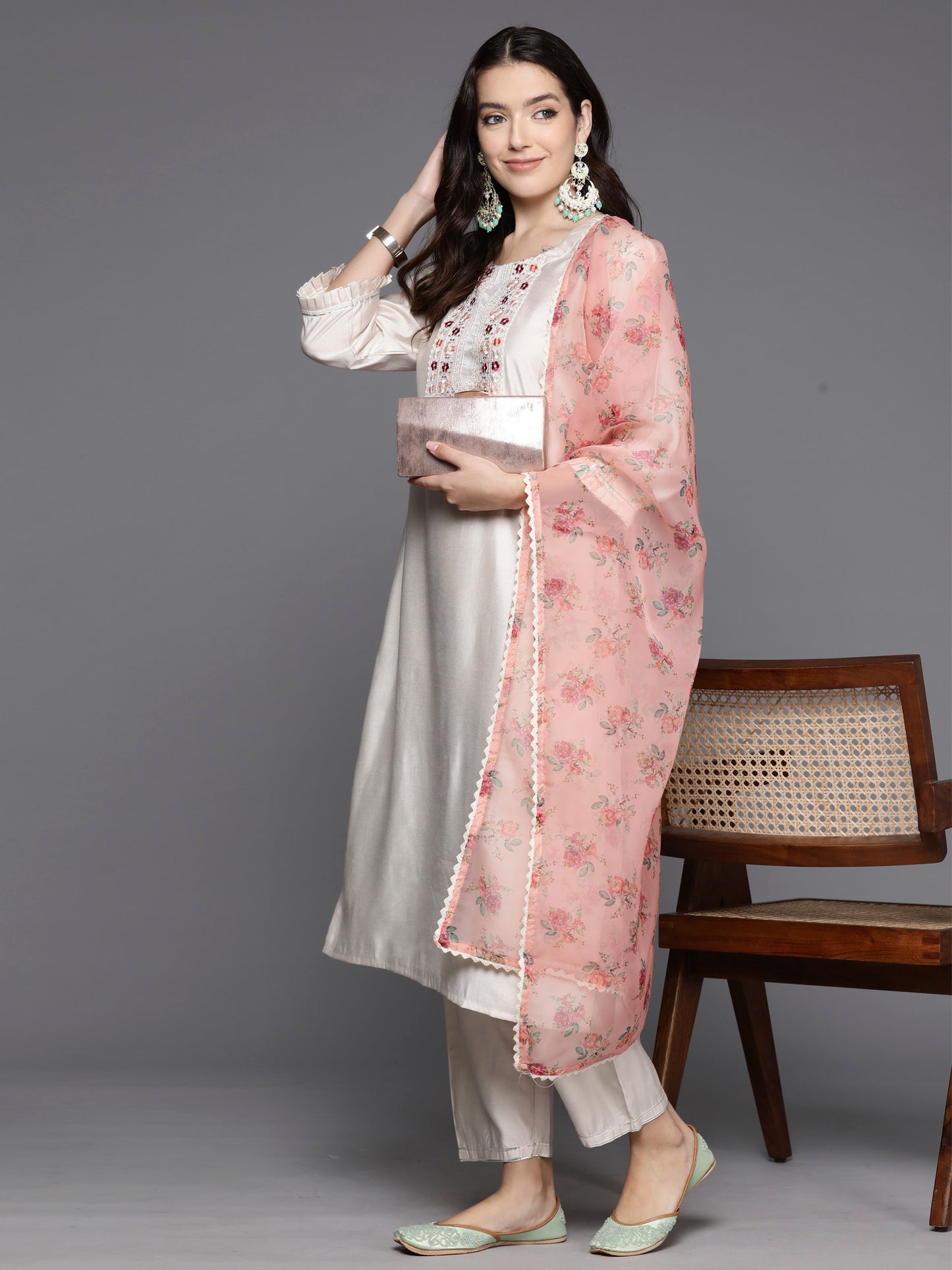 IE Off White Embroidered Straight Kurta Trousers With Dupatta Set