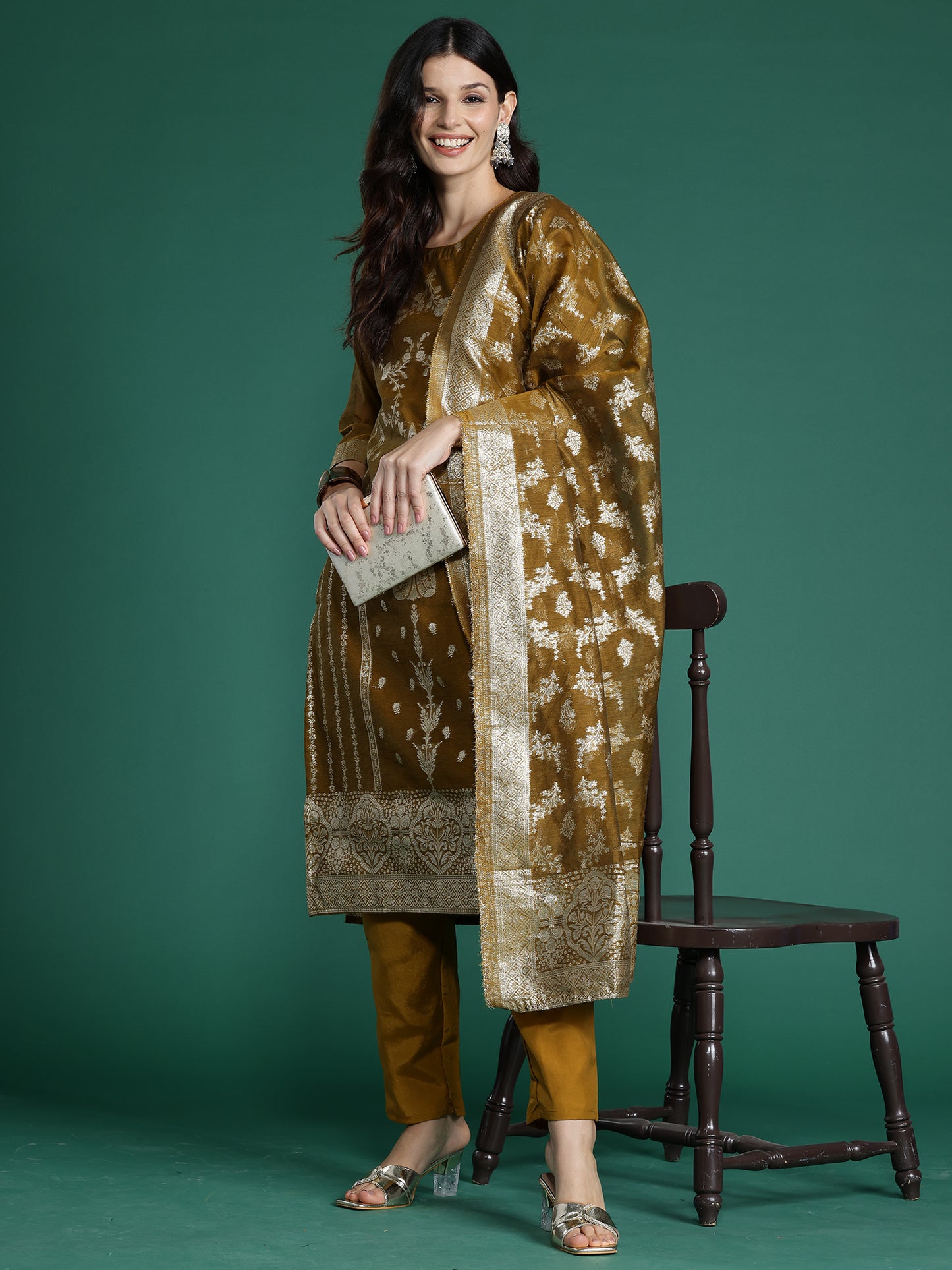 IE Mustard Woven Design Straight Kurta Trousers With Dupatta  Set