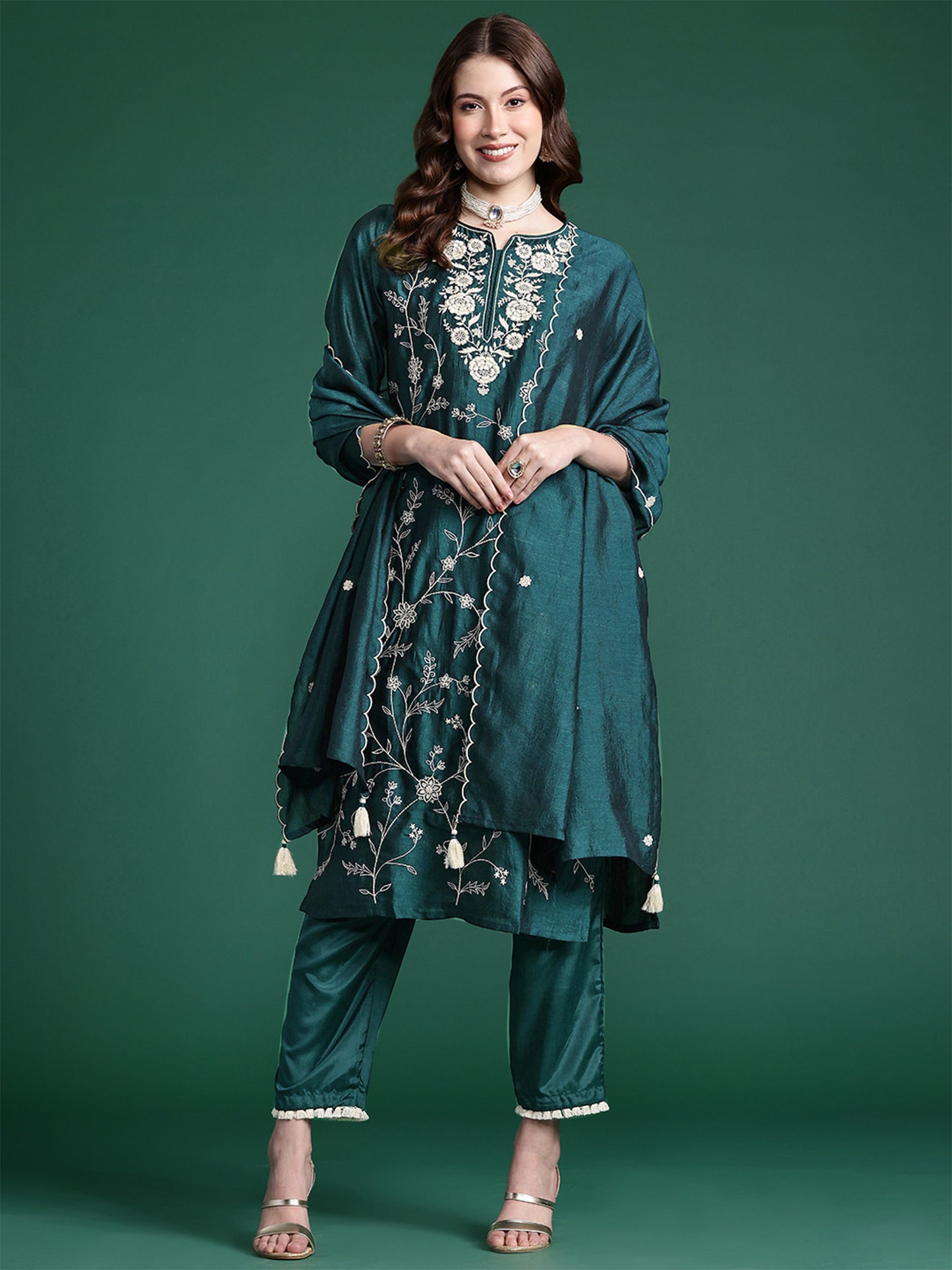 IE Teal Straight Embroidered Kurta Trousers With Dupatta Set