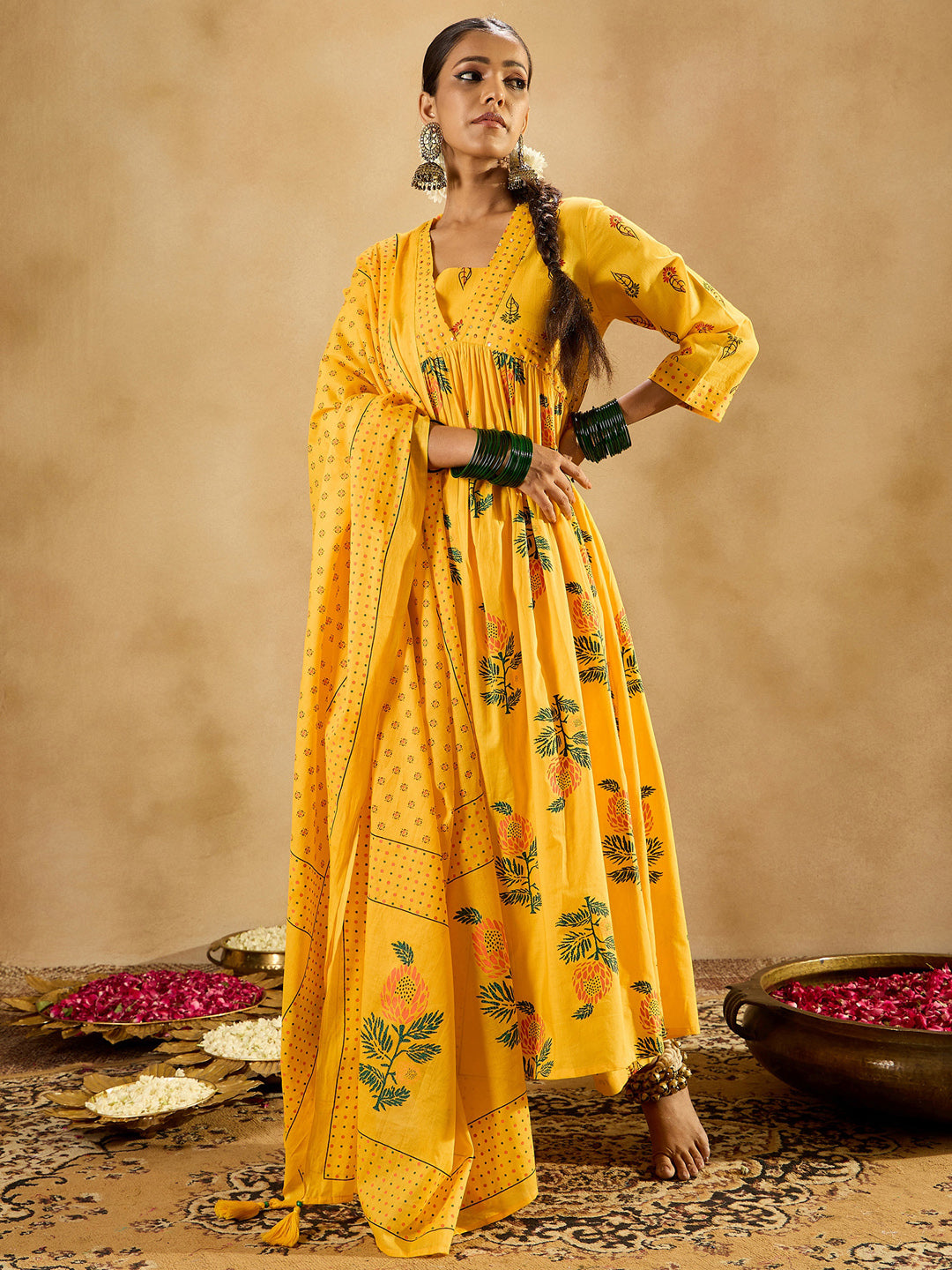 IE Yellow Printed A-Line Kurta Trousers With Dupatta set