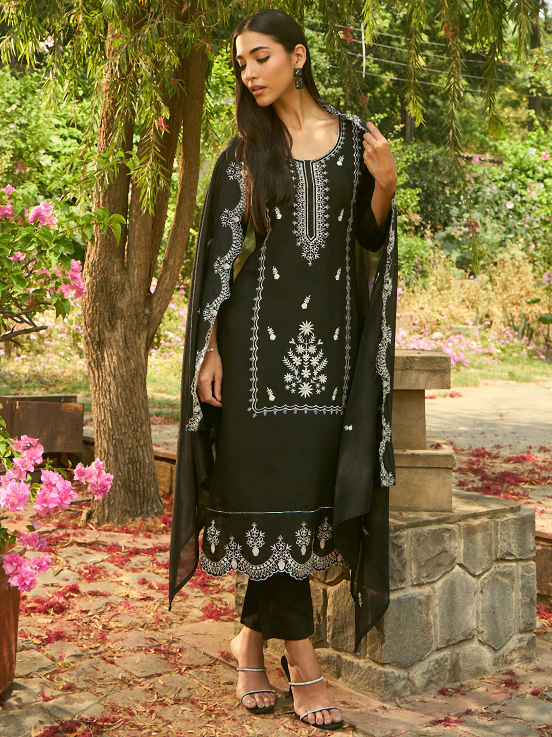 IE Black Embroidered Straight Kurta Trousers With Dupatta set